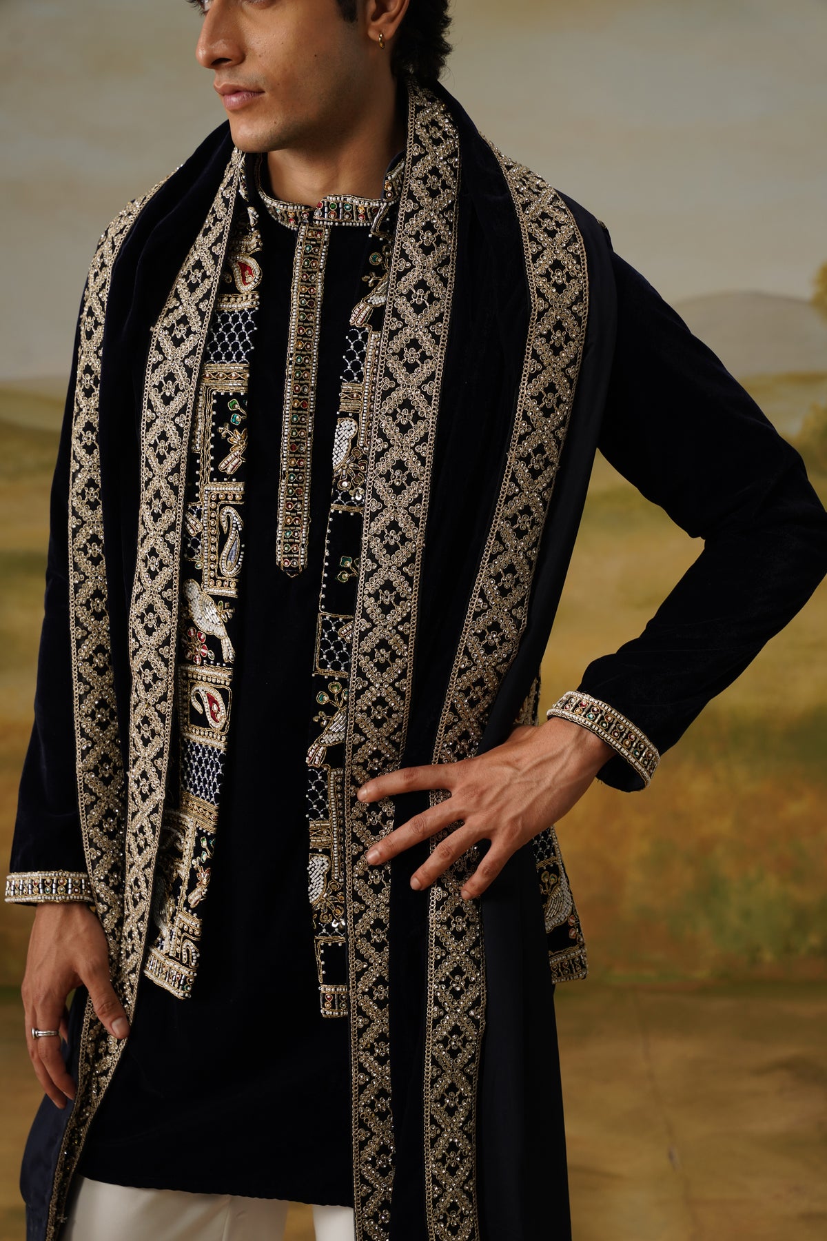 Shahbaz Black Velvet Nakshi Beadwork Kurta Jacket Set