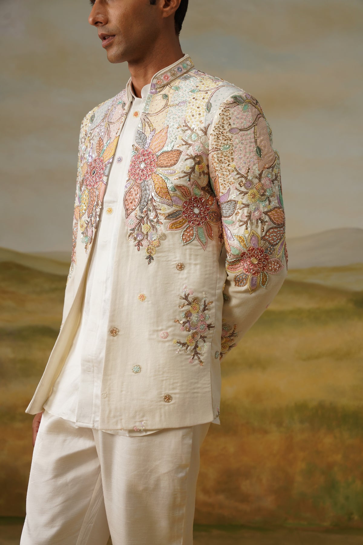Basant Ivory Dimensional Beadwork Jodhpuri Set