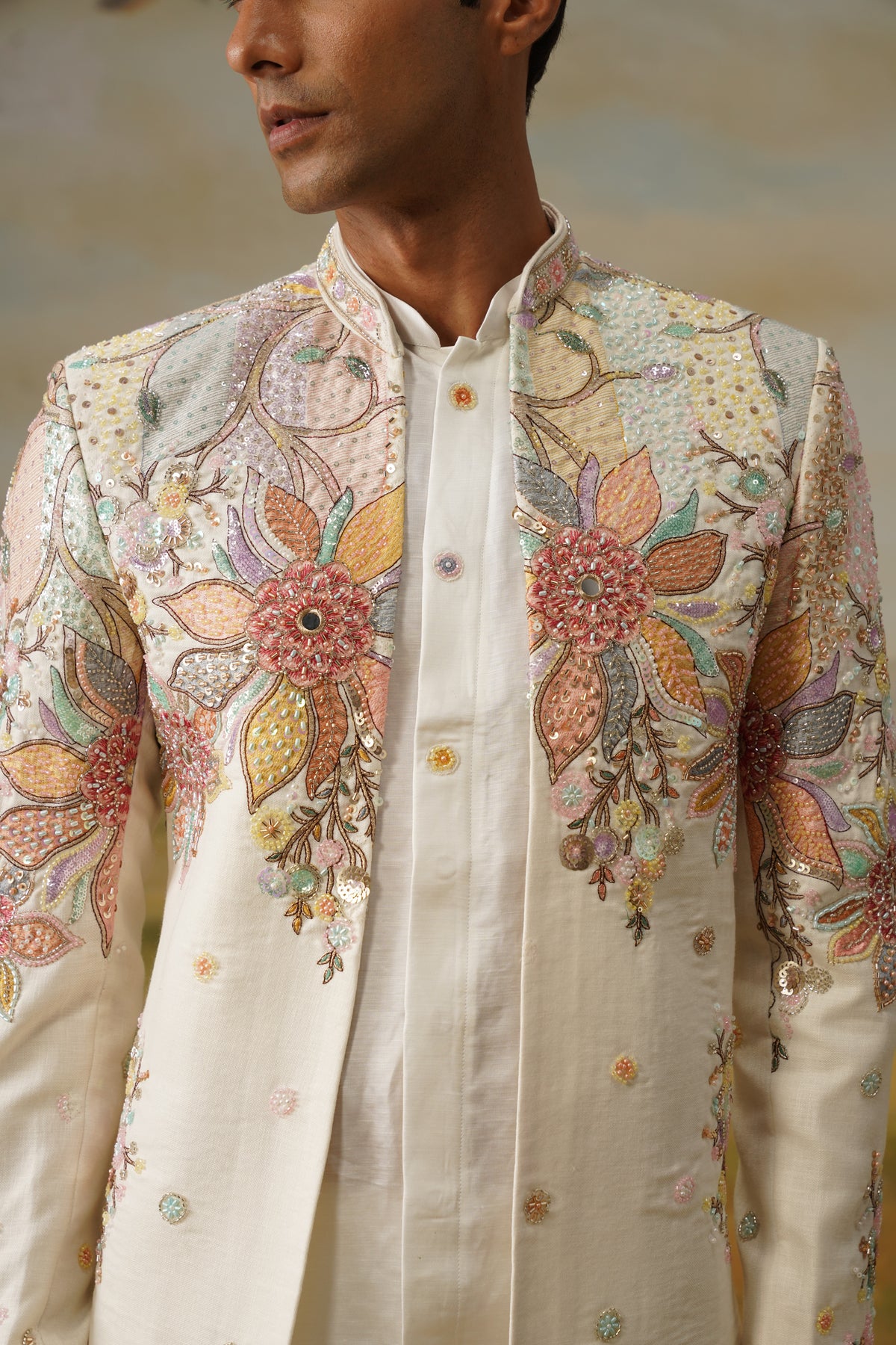 Basant Ivory Dimensional Beadwork Jodhpuri Set