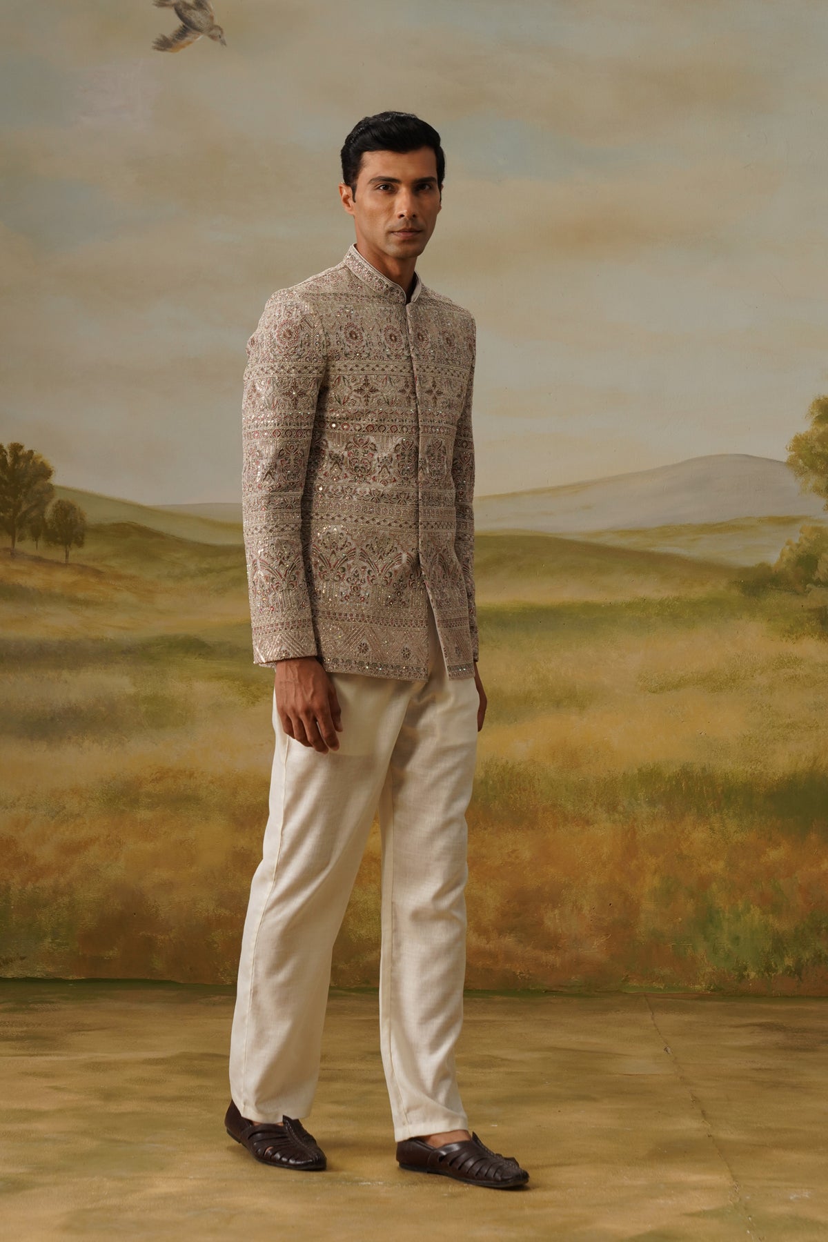 Riyasat Taupe Embroidered Jodhpuri Set