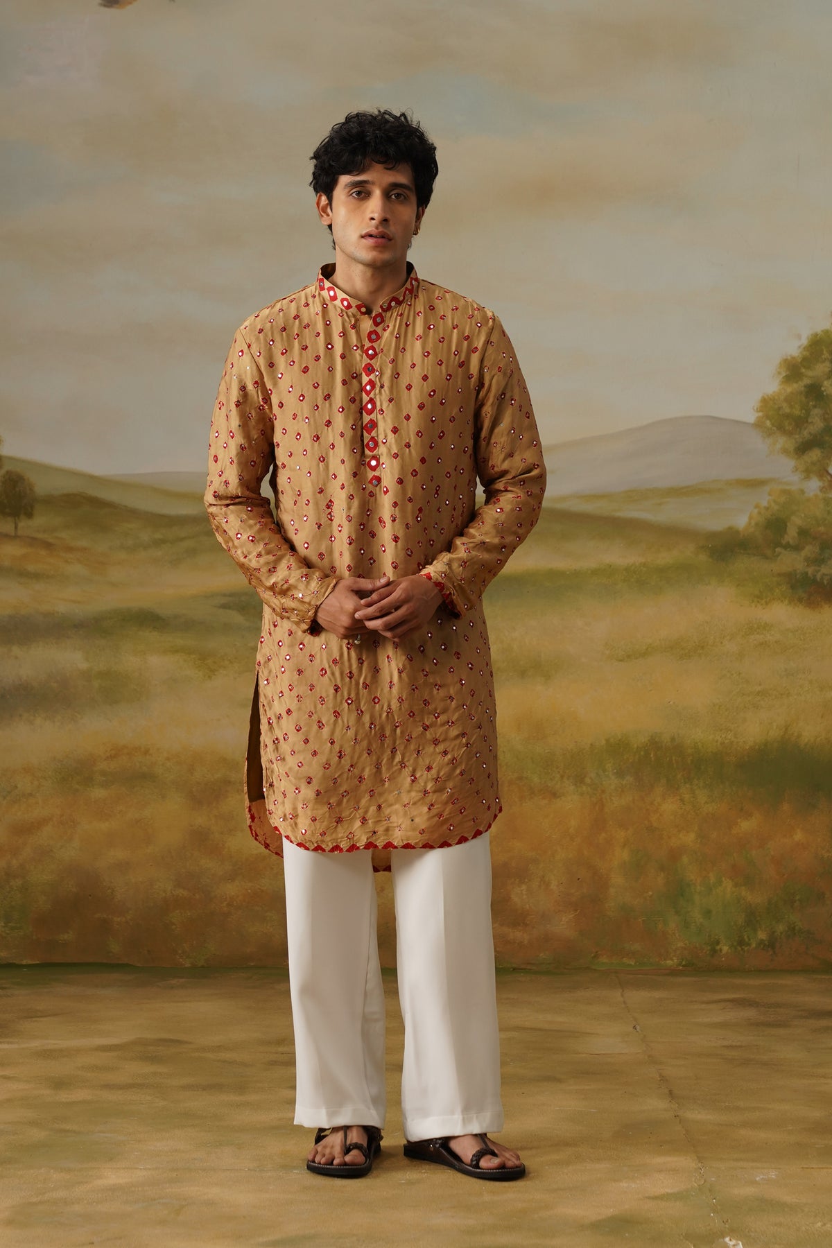 Sanjh Camel Bandhani Abla Mirror Kurta Set with Dupatta