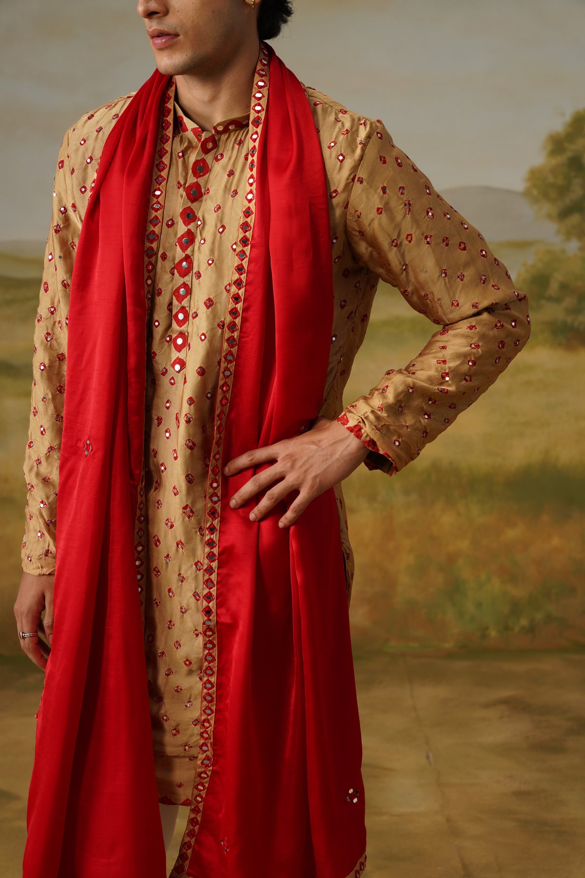 Sanjh Camel Bandhani Abla Mirror Kurta Set with Dupatta