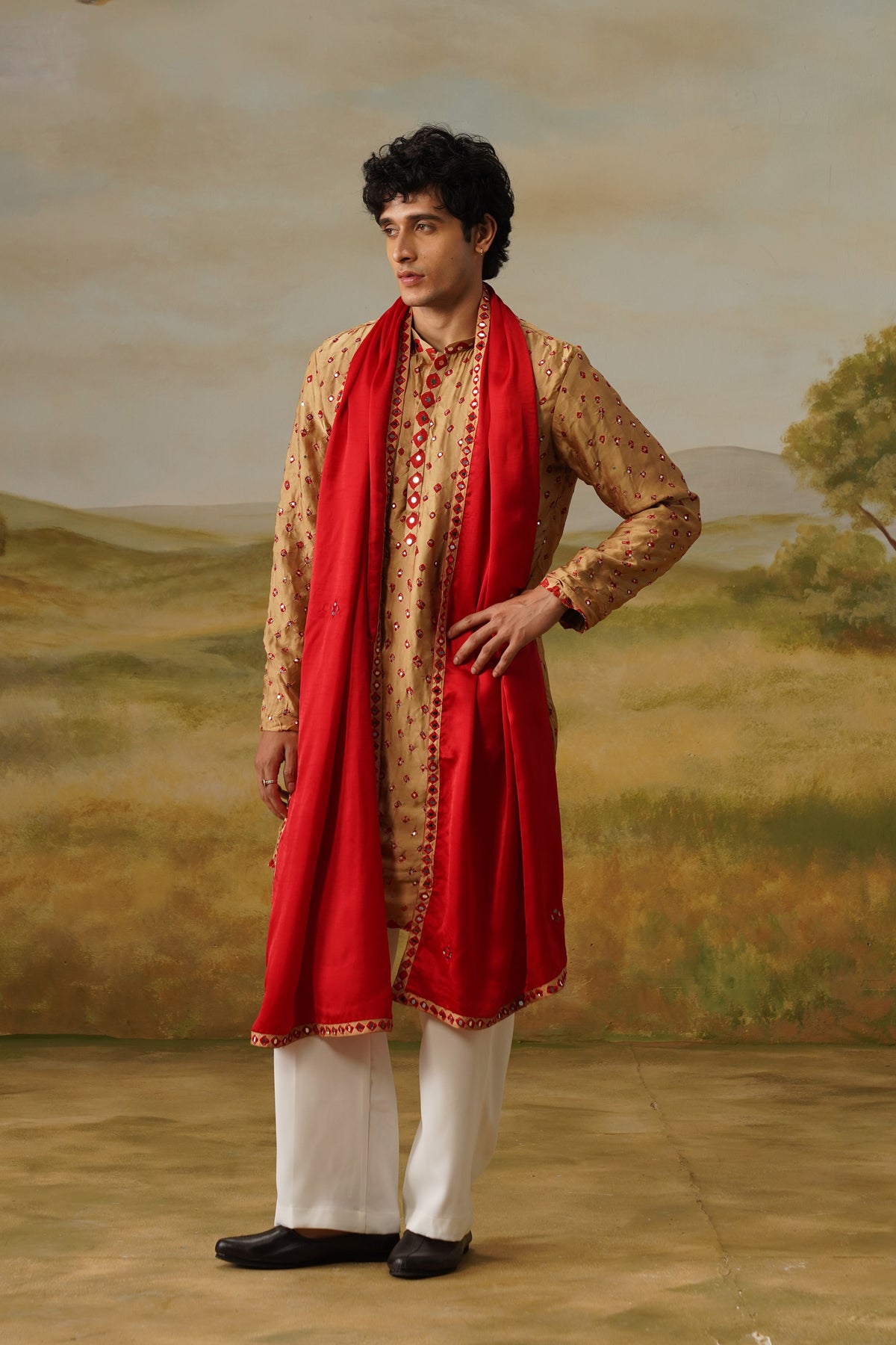 Sanjh Camel Bandhani Abla Mirror Kurta Set with Dupatta