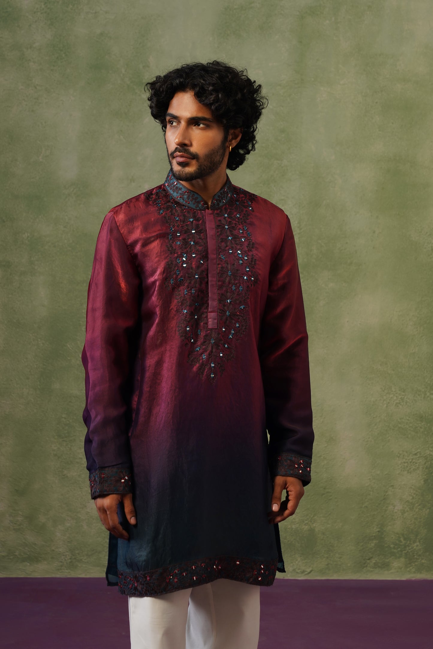 Shabnam Wine Ombré Mirror Threadwork Kurta Set