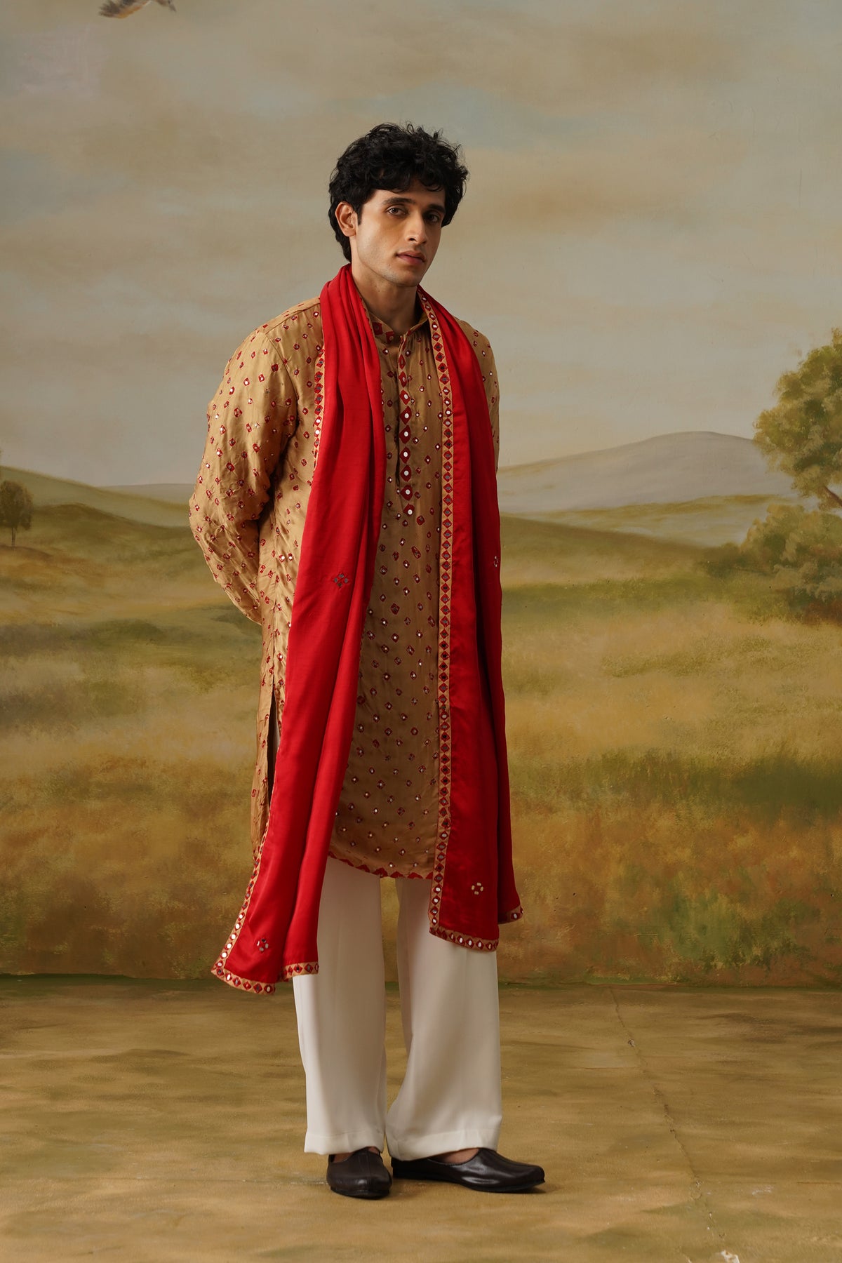 Sanjh Camel Bandhani Abla Mirror Kurta Set with Dupatta