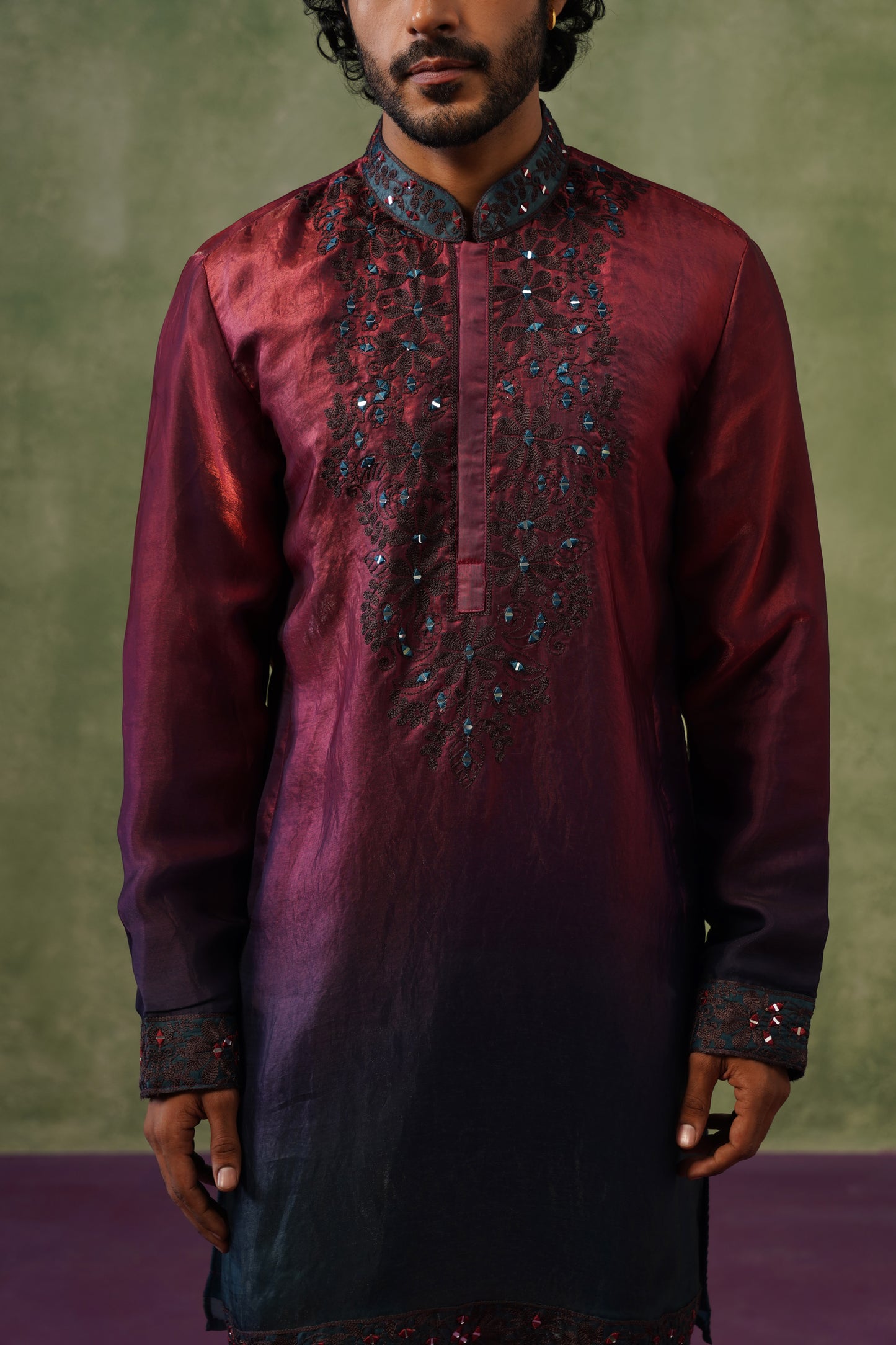 Shabnam Wine Ombré Mirror Threadwork Kurta Set