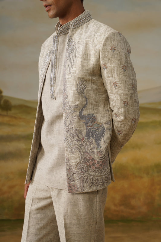 Taus Oatmeal Kasab Zari Embroidered Jodhpuri Set