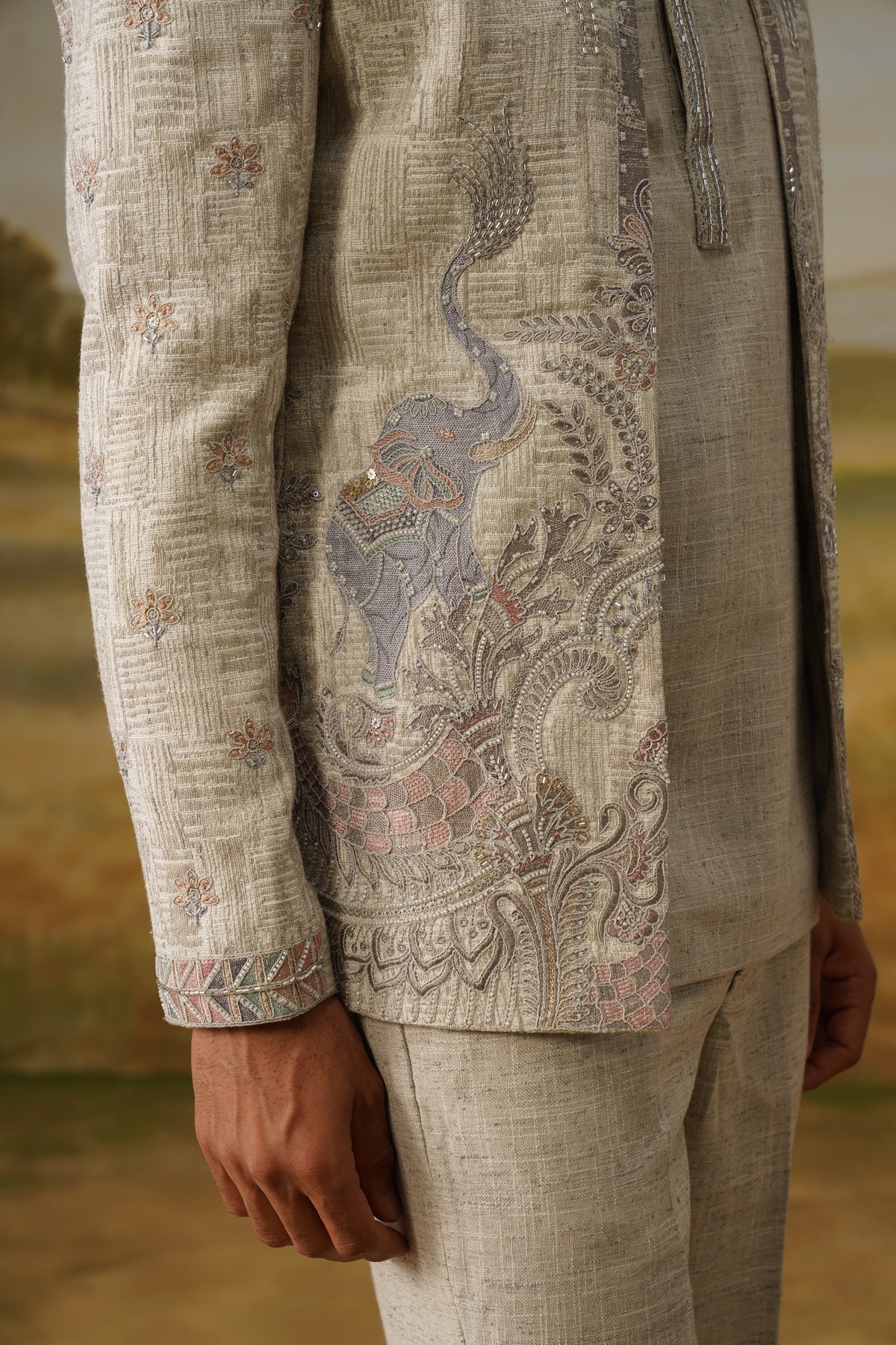 Taus Oatmeal Kasab Zari Embroidered Jodhpuri Set