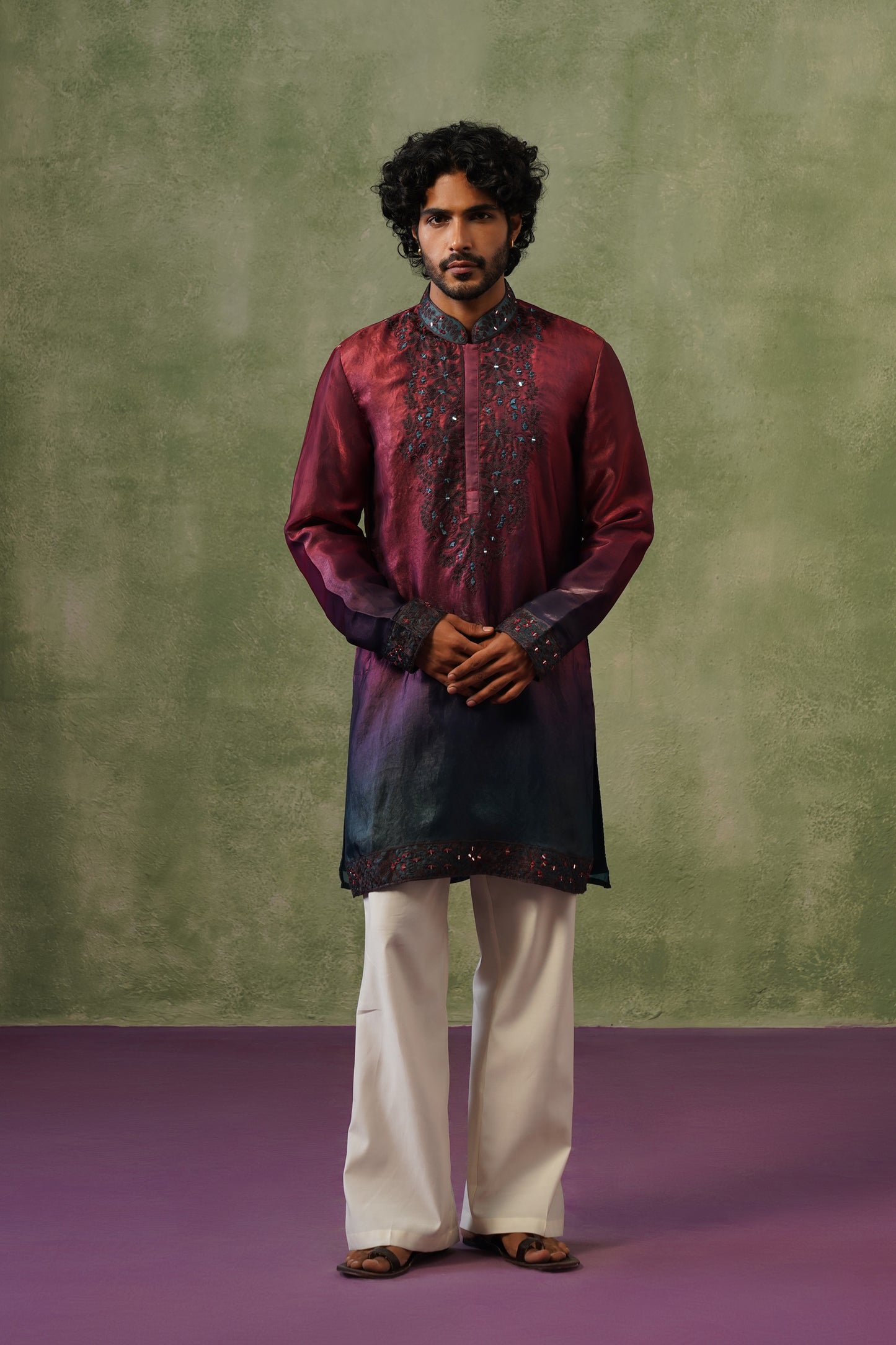 Shabnam Wine Ombré Mirror Threadwork Kurta Set