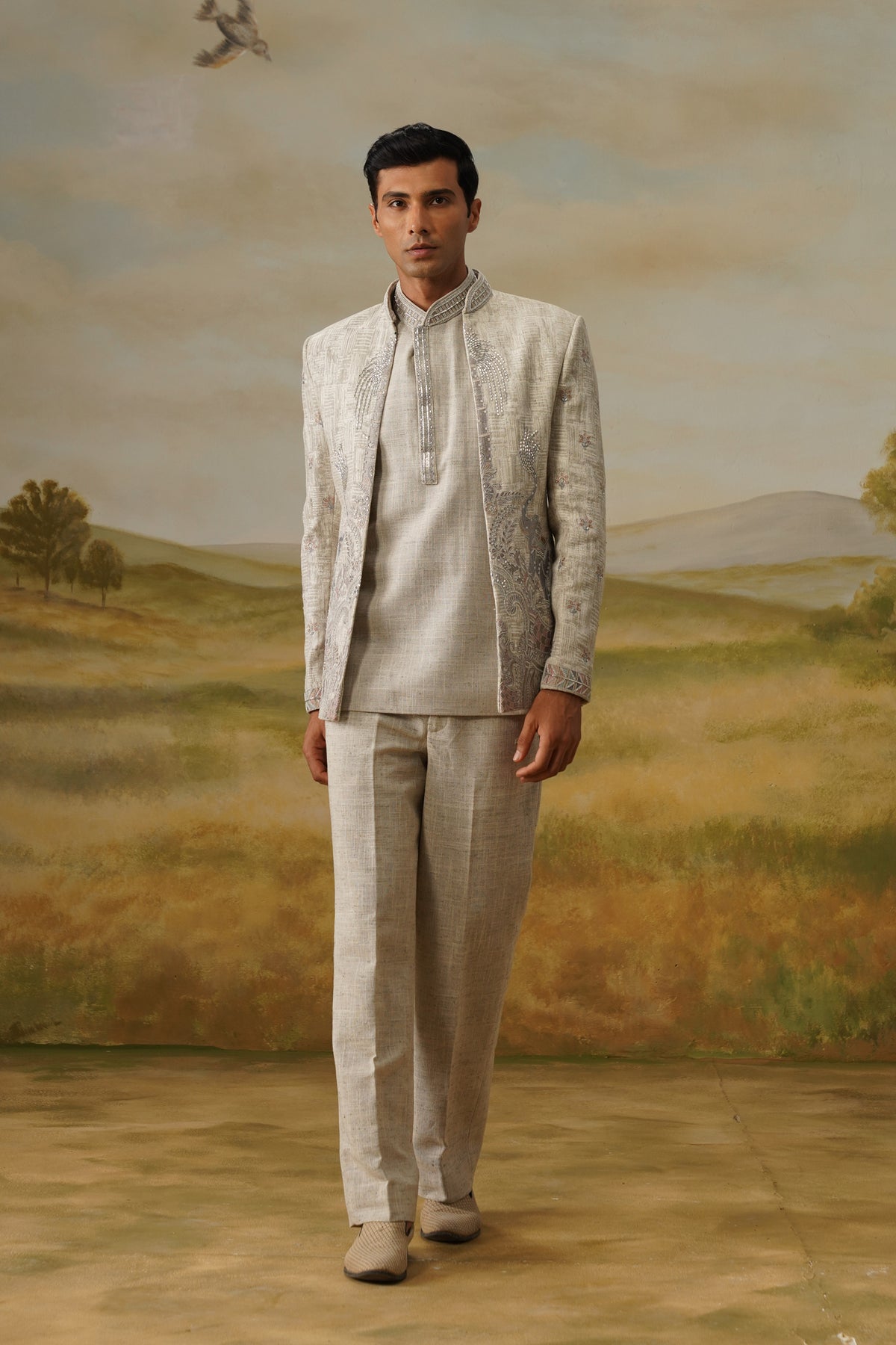 Taus Oatmeal Kasab Zari Embroidered Jodhpuri Set
