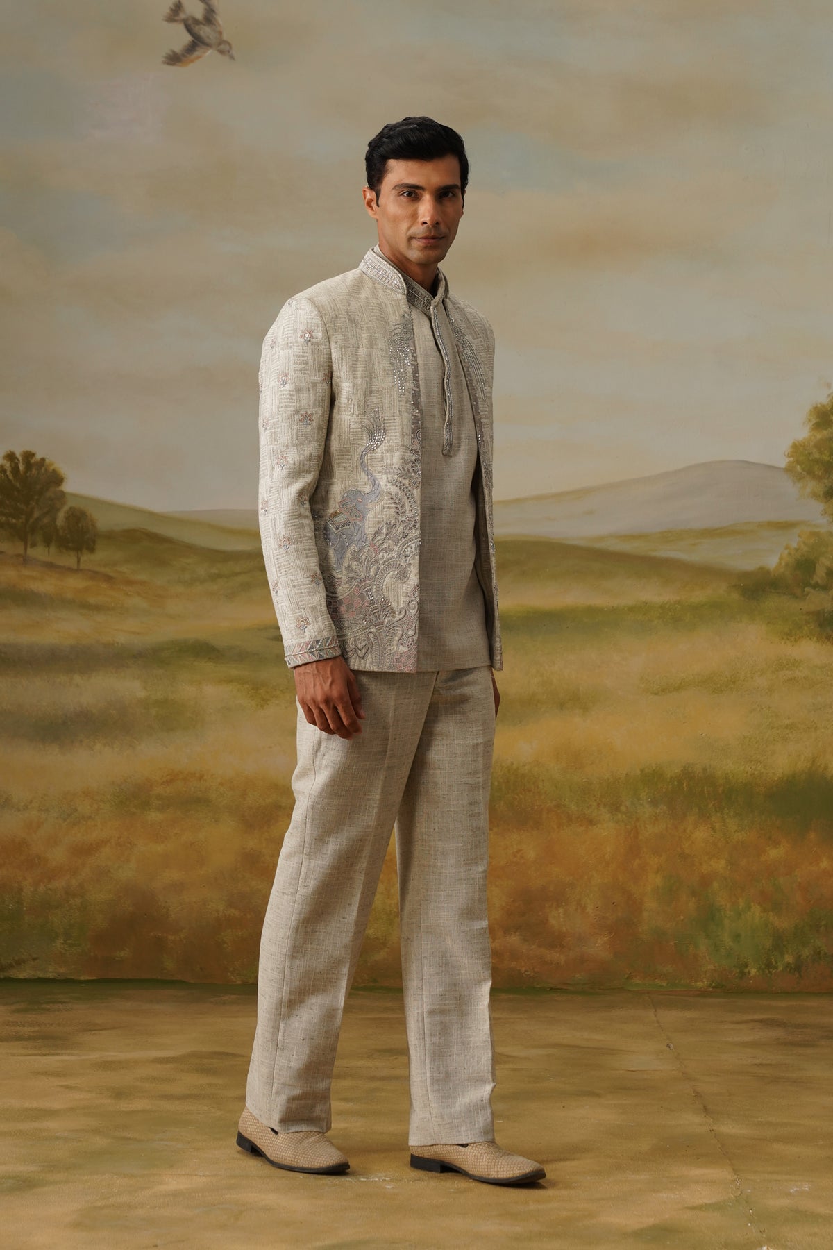 Taus Oatmeal Kasab Zari Embroidered Jodhpuri Set