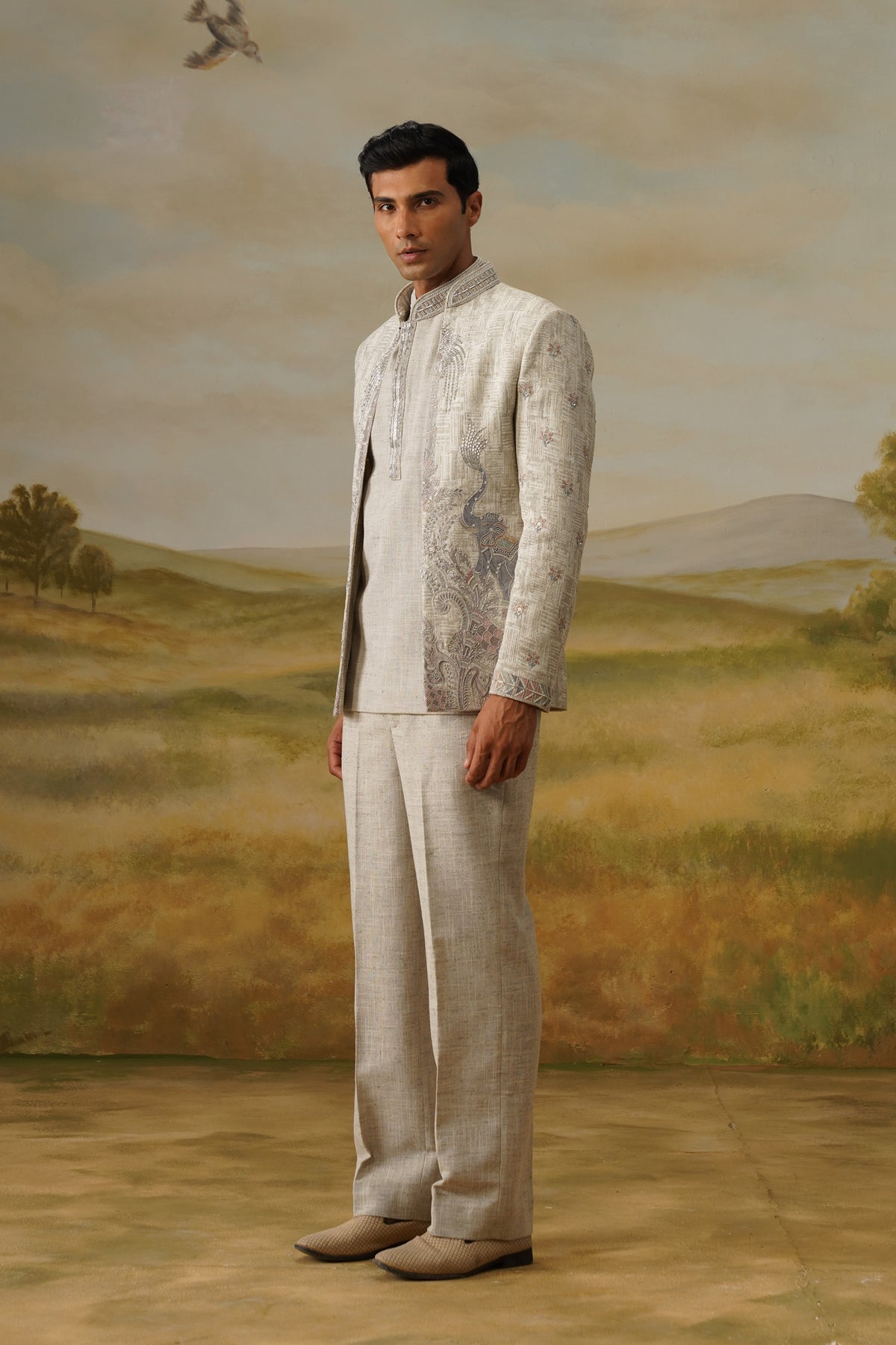 Taus Oatmeal Kasab Zari Embroidered Jodhpuri Set