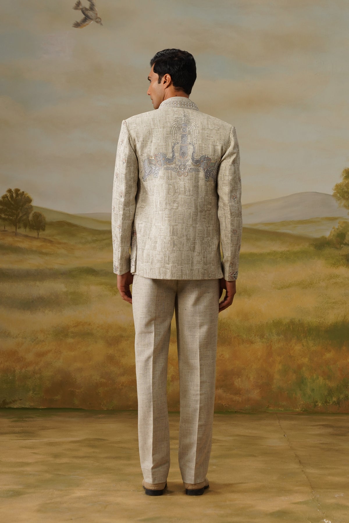 Taus Oatmeal Kasab Zari Embroidered Jodhpuri Set