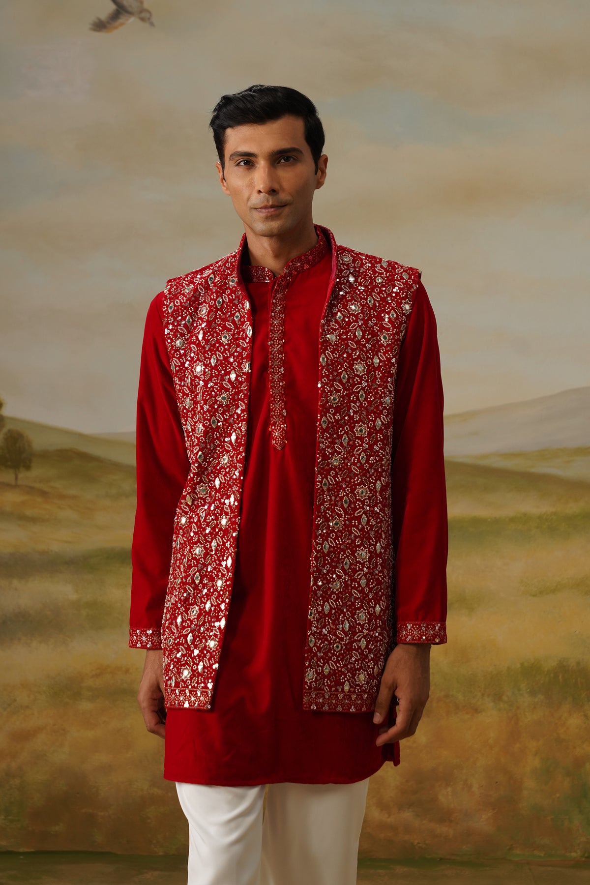 Yaqoot Red Velvet Cutdana Mirror Beadwork Kurta Jacket Set