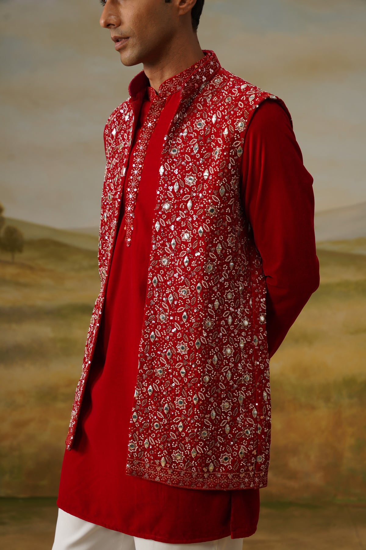 Yaqoot Red Velvet Cutdana Mirror Beadwork Kurta Jacket Set