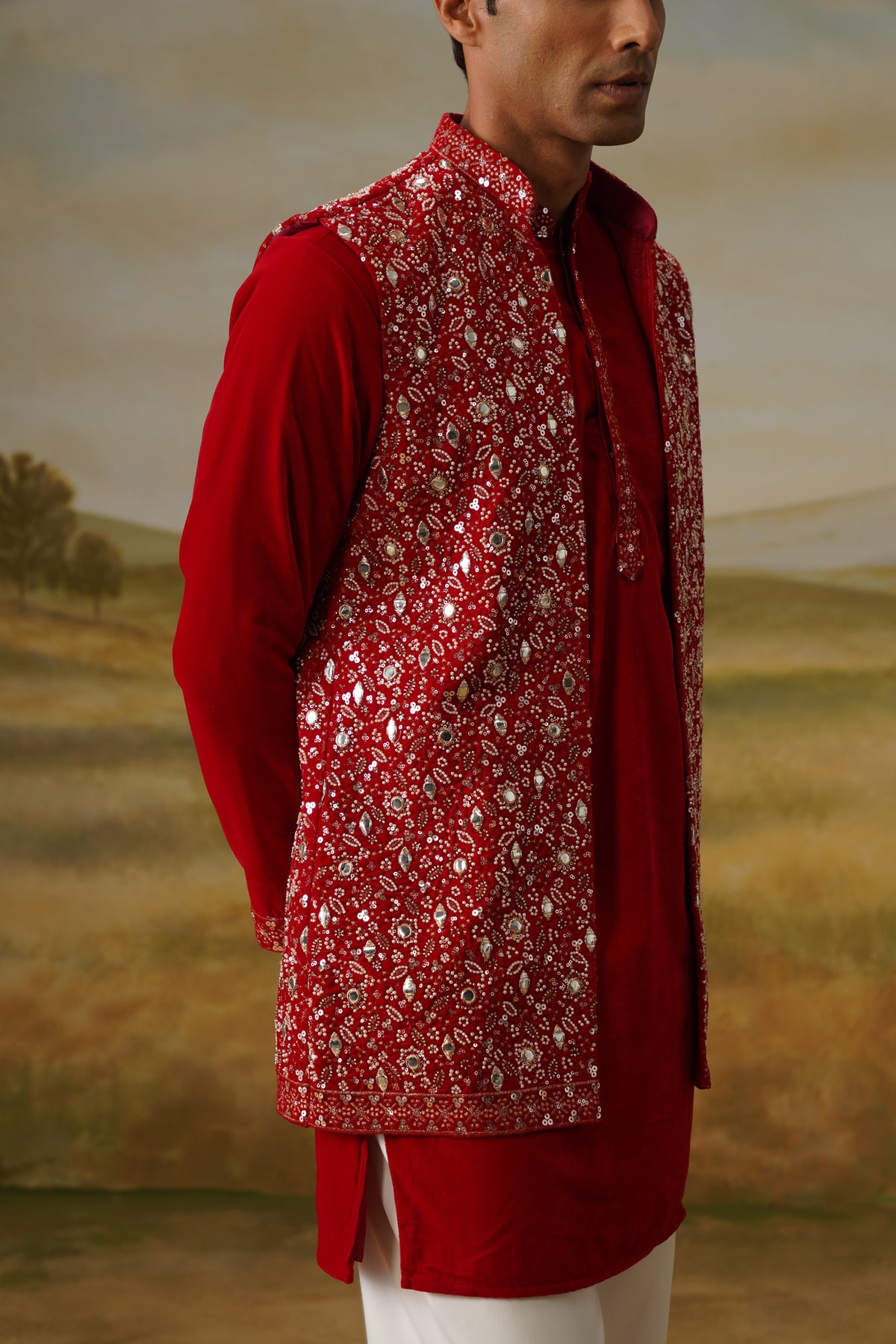 Yaqoot Red Velvet Cutdana Mirror Beadwork Kurta Jacket Set