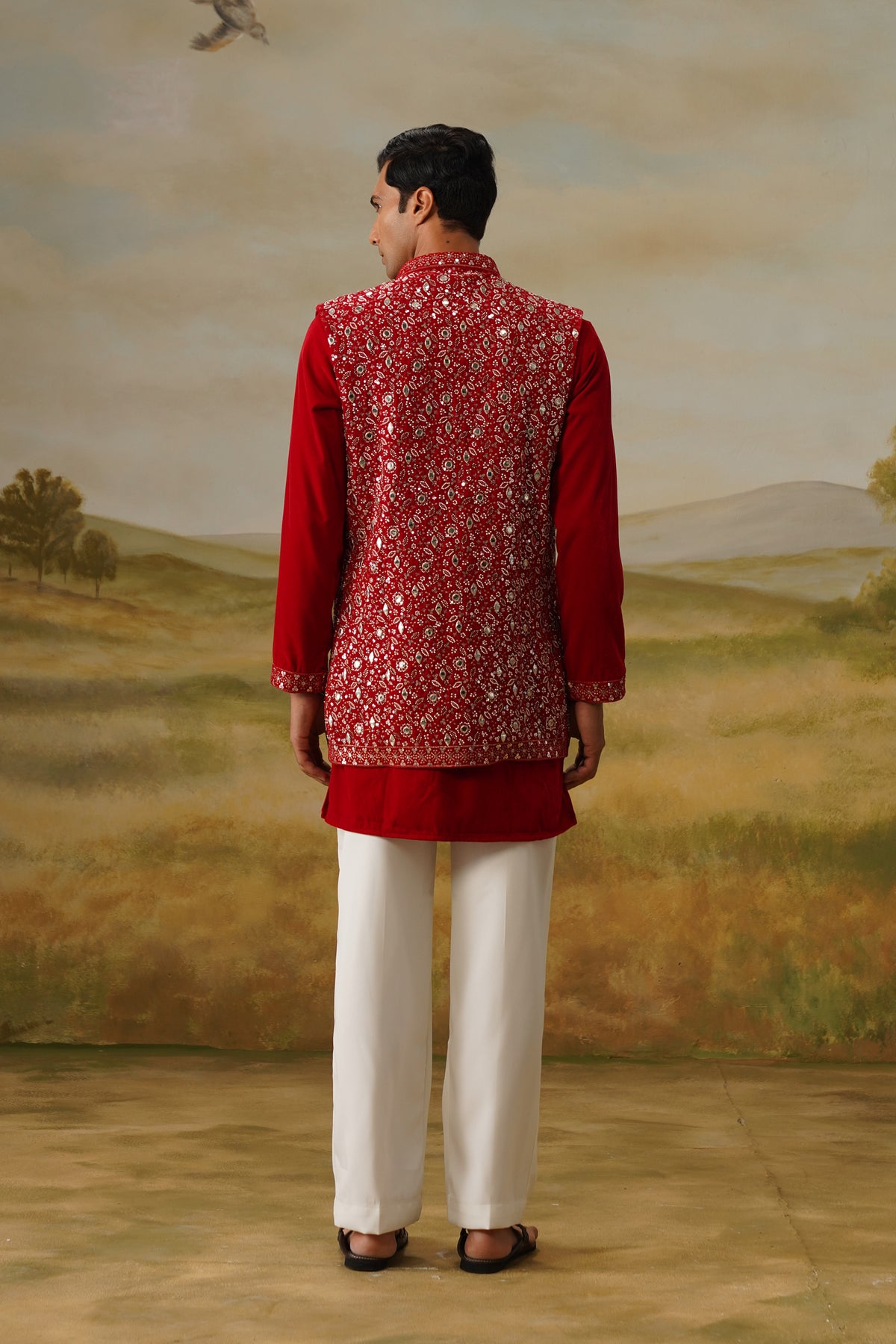 Yaqoot Red Velvet Cutdana Mirror Beadwork Kurta Jacket Set