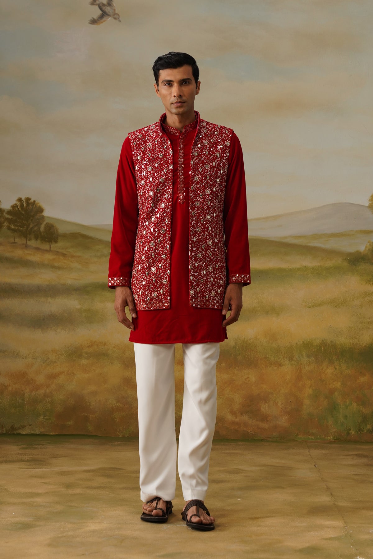 Yaqoot Red Velvet Cutdana Mirror Beadwork Kurta Jacket Set