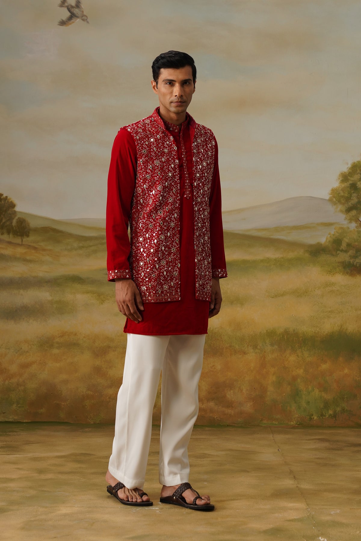 Yaqoot Red Velvet Cutdana Mirror Beadwork Kurta Jacket Set