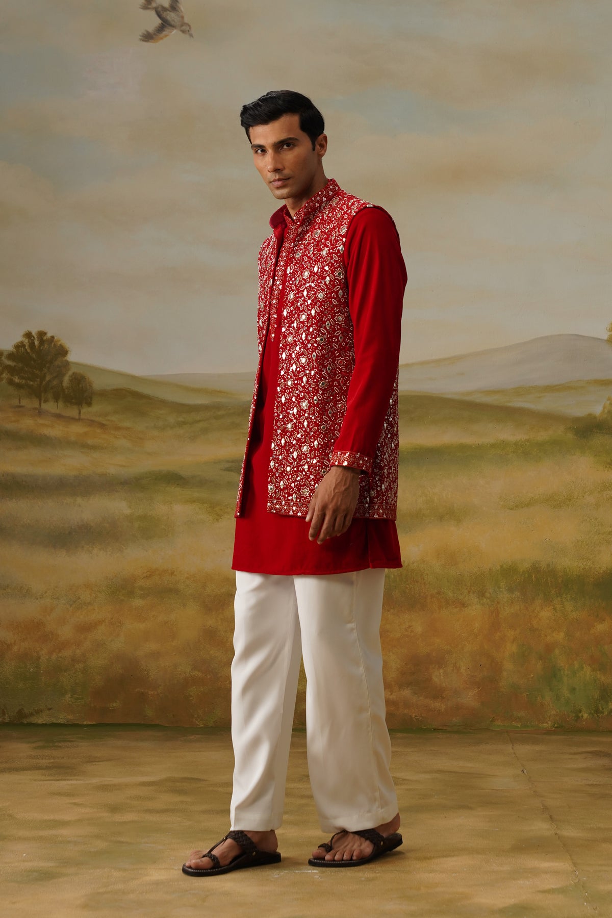 Yaqoot Red Velvet Cutdana Mirror Beadwork Kurta Jacket Set