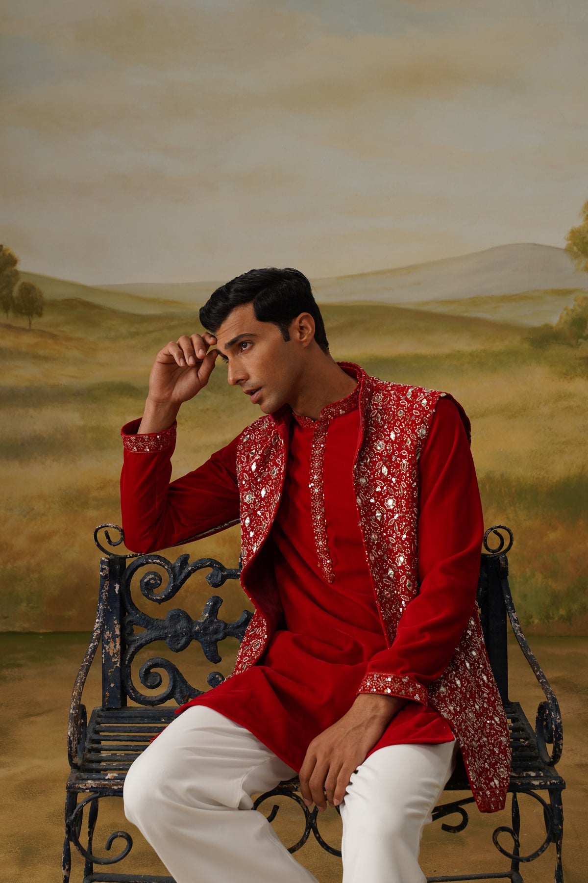 Yaqoot Red Velvet Cutdana Mirror Beadwork Kurta Jacket Set