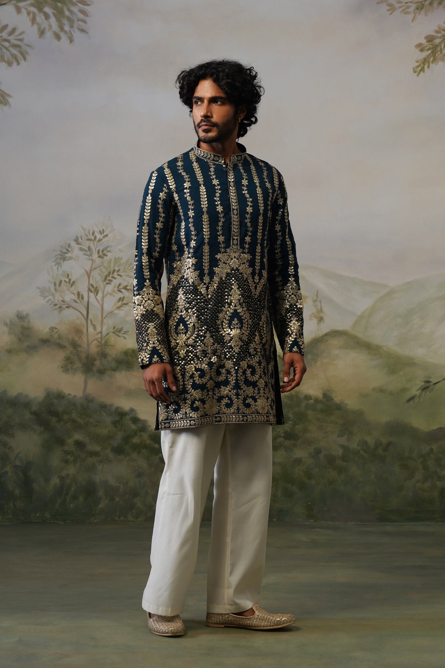 Zafar Navy Threadwork Kurta Set