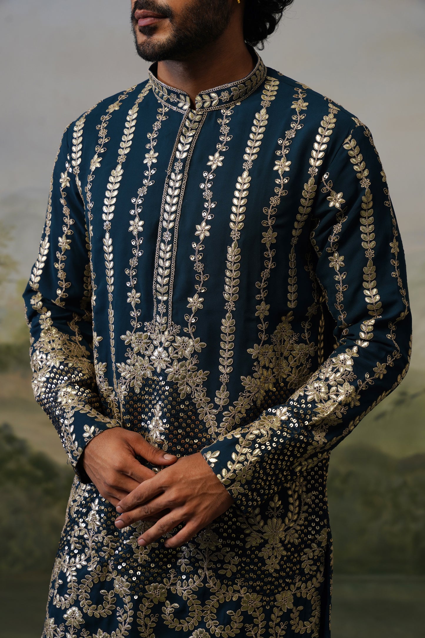Zafar Navy Threadwork Kurta Set