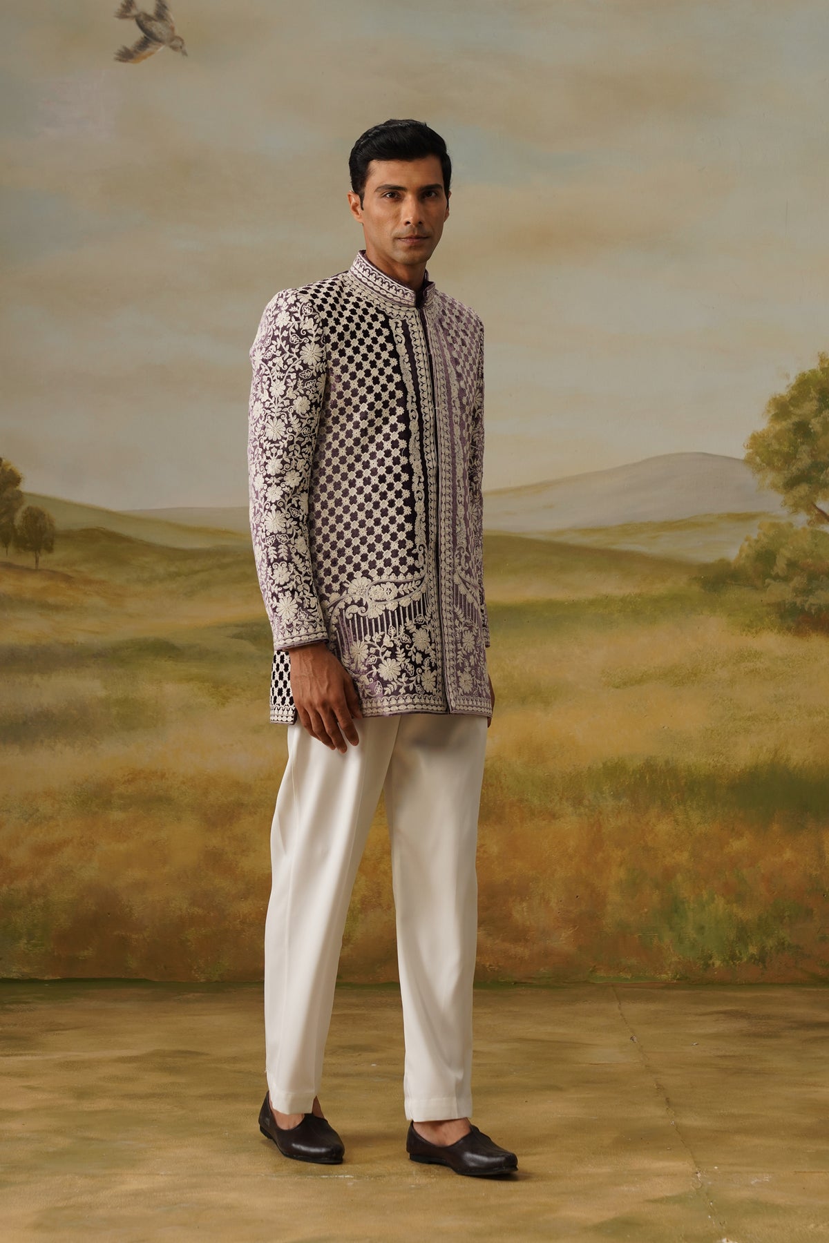 Jamun Plum Resham Threadwork Jodhpuri Set