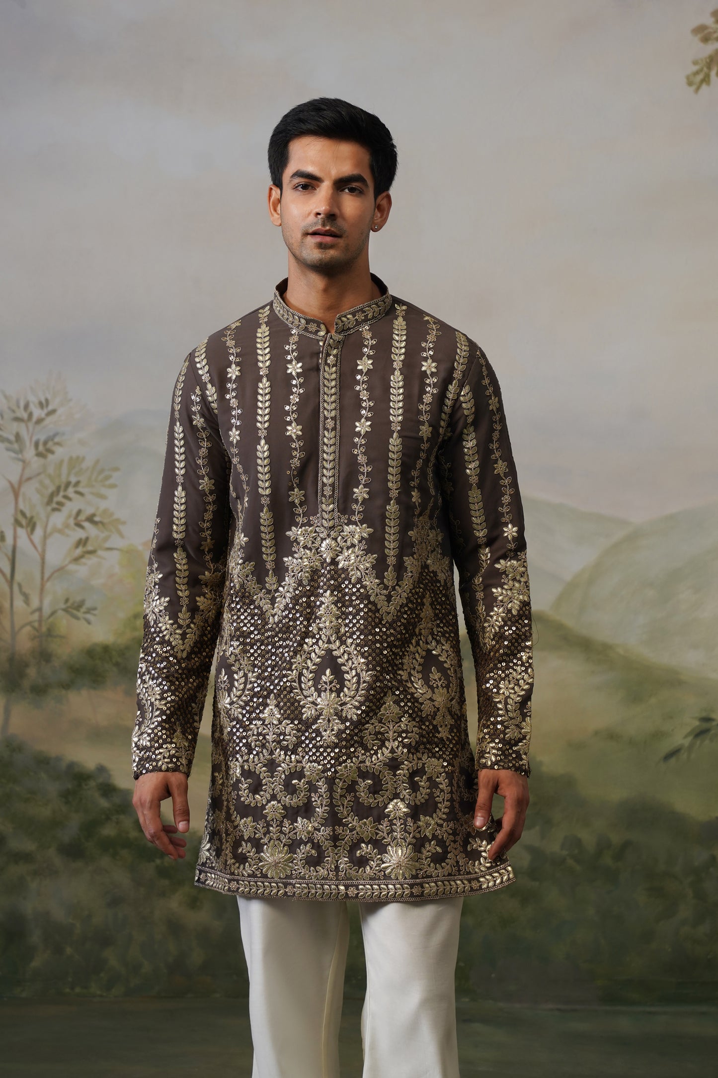 Rudra Taupe Cord Threadwork Kurta Set