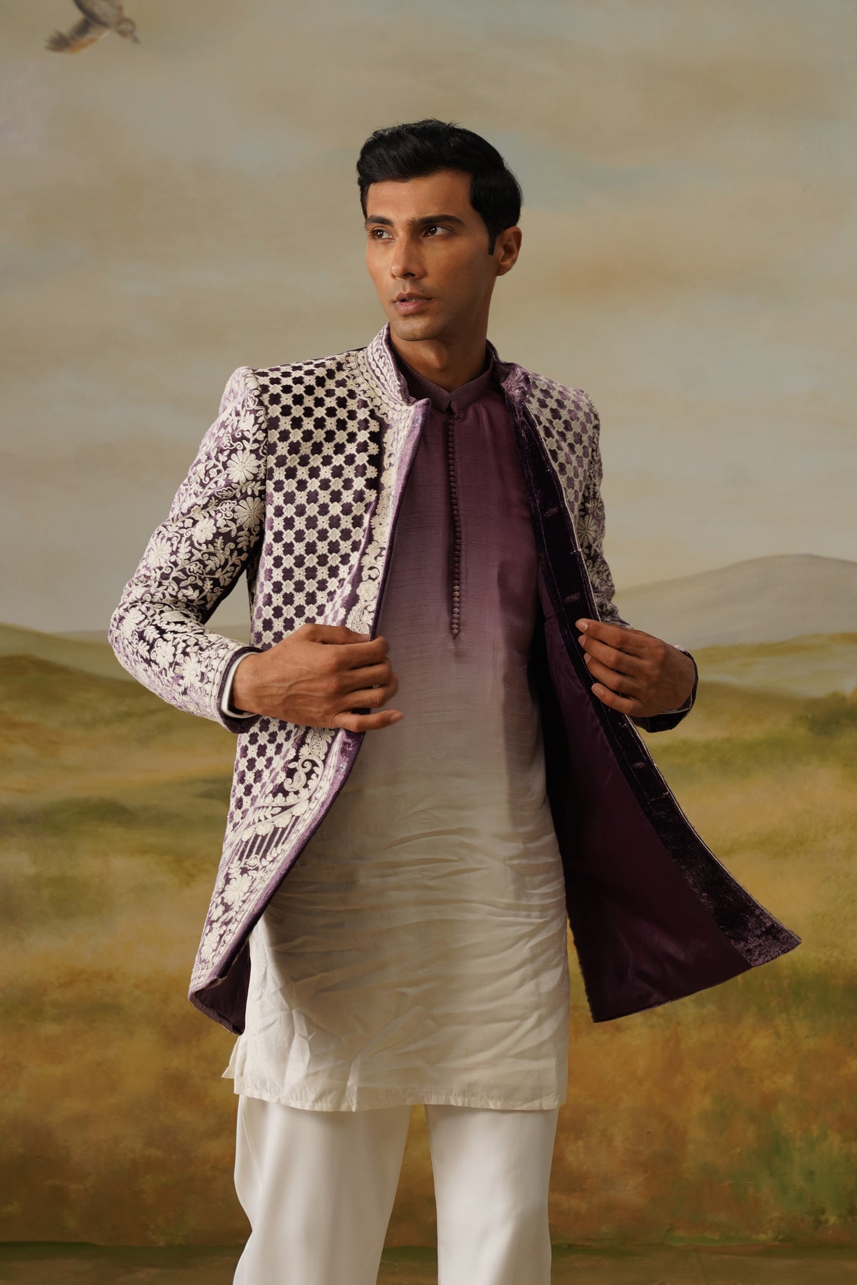 Jamun Plum Resham Threadwork Jodhpuri Set