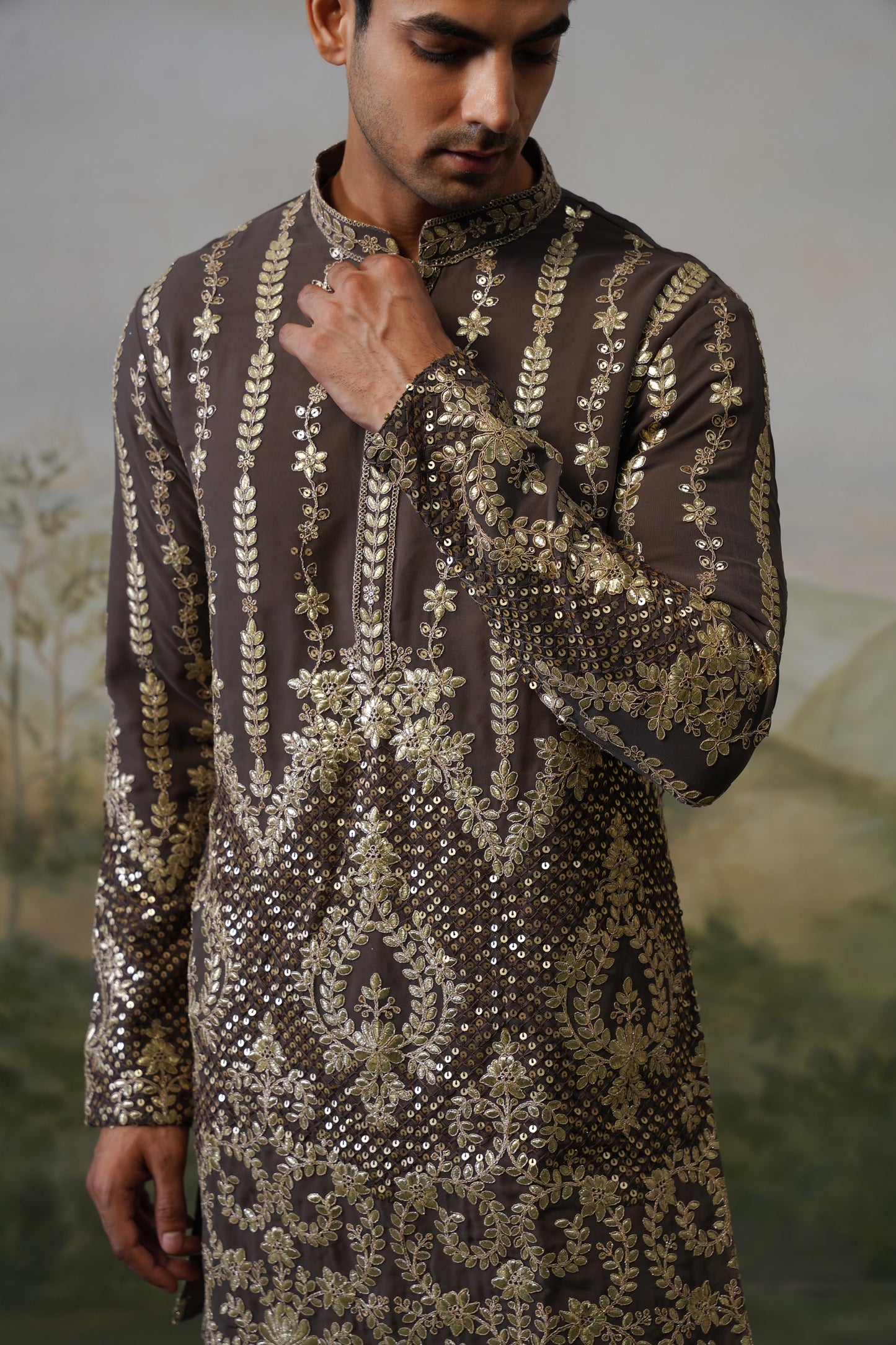 Rudra Taupe Cord Threadwork Kurta Set