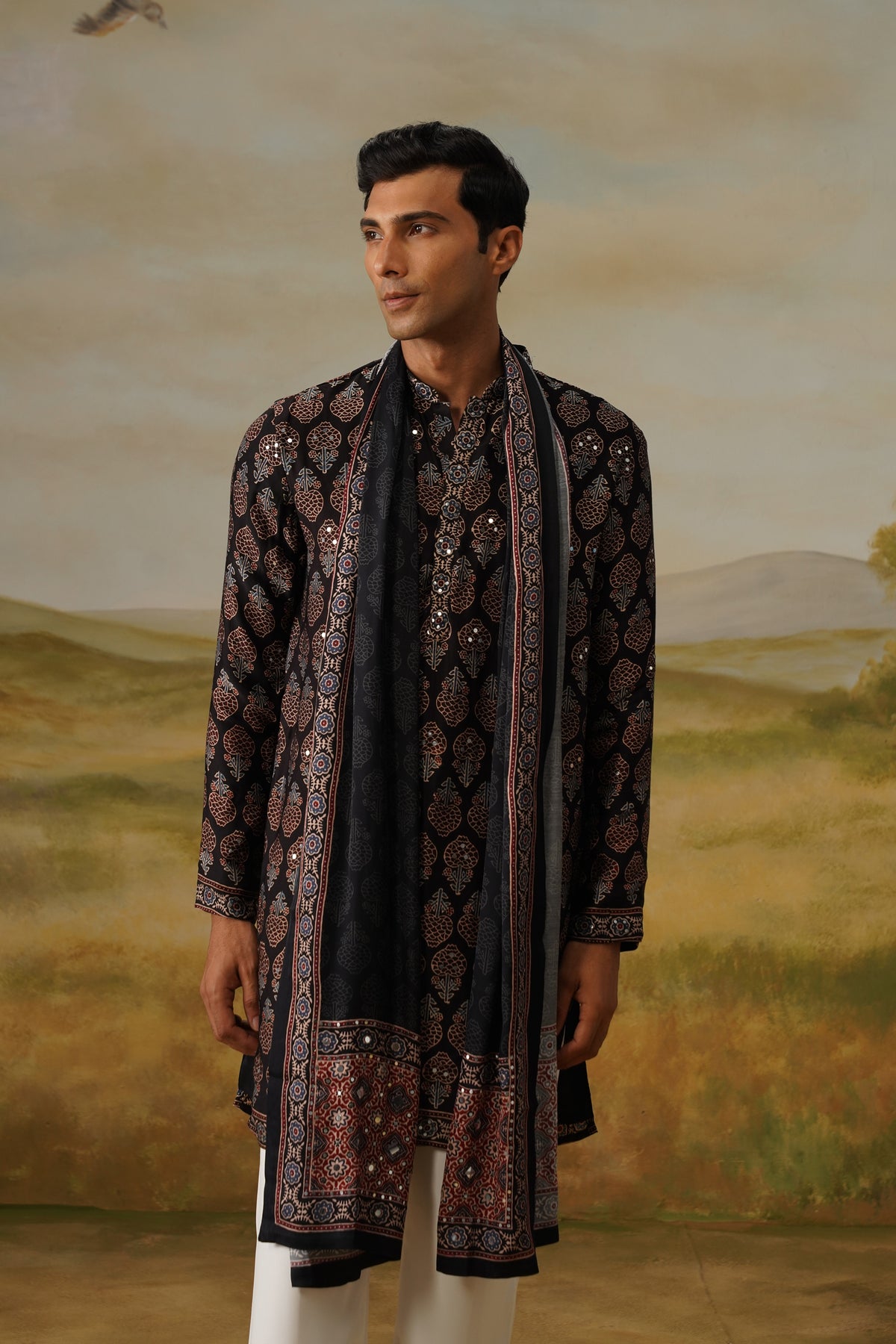 Mehfil Black Ajrakh Abla Mirror Kurta Set With Dupatta