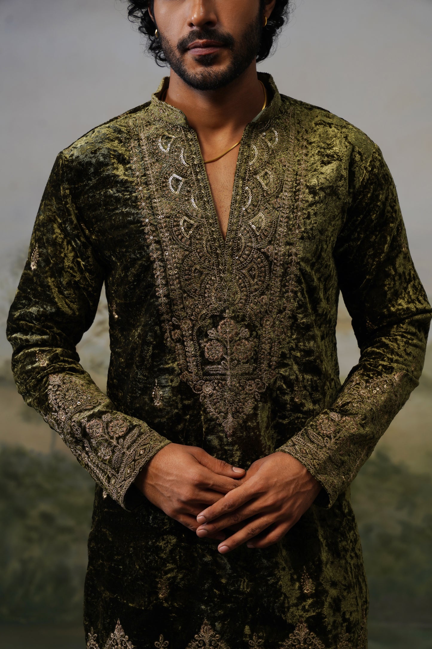 Sohan Olive Velvet Cord Threadwork Kurta Set