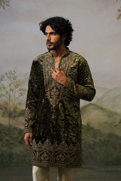 Sohan Olive Velvet Cord Threadwork Kurta Set