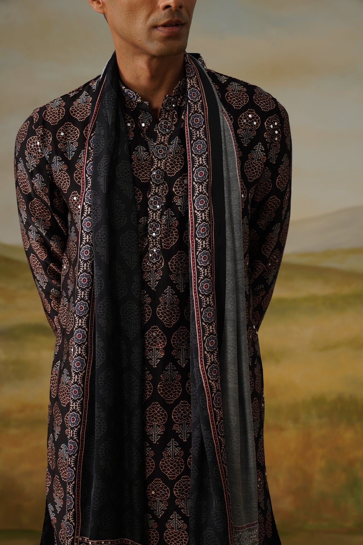 Mehfil Black Ajrakh Abla Mirror Kurta Set With Dupatta