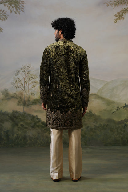 Sohan Olive Velvet Cord Threadwork Kurta Set