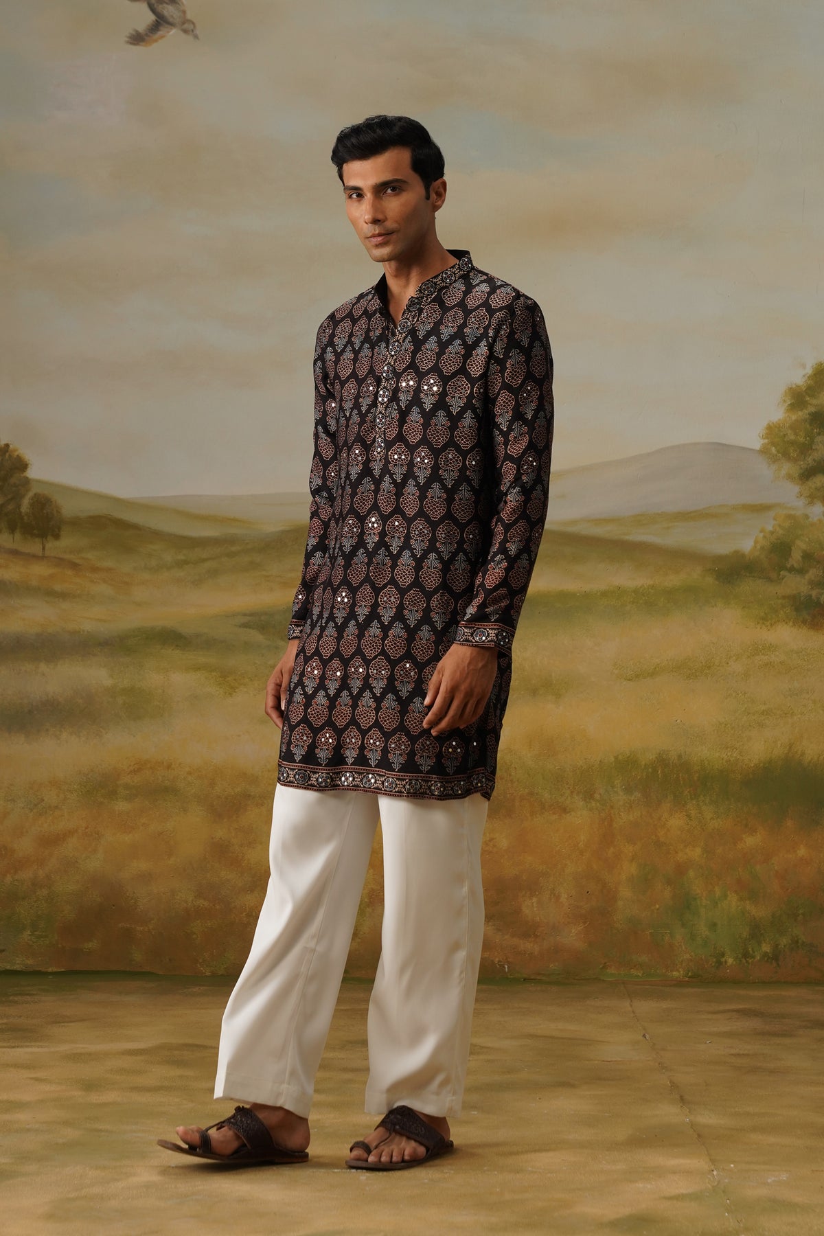 Mehfil Black Ajrakh Abla Mirror Kurta Set With Dupatta