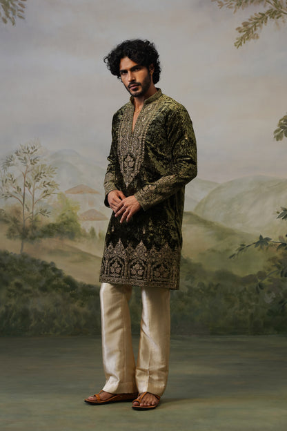 Sohan Olive Velvet Cord Threadwork Kurta Set