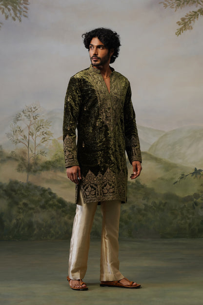Sohan Olive Velvet Cord Threadwork Kurta Set