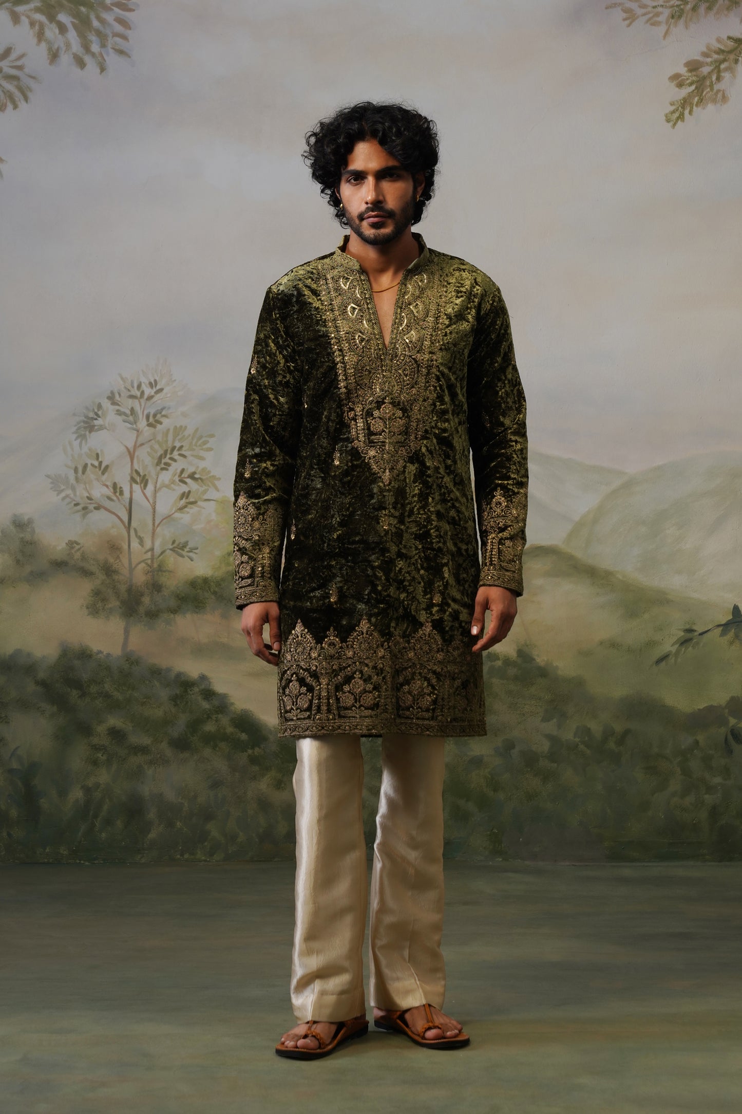 Sohan Olive Velvet Cord Threadwork Kurta Set