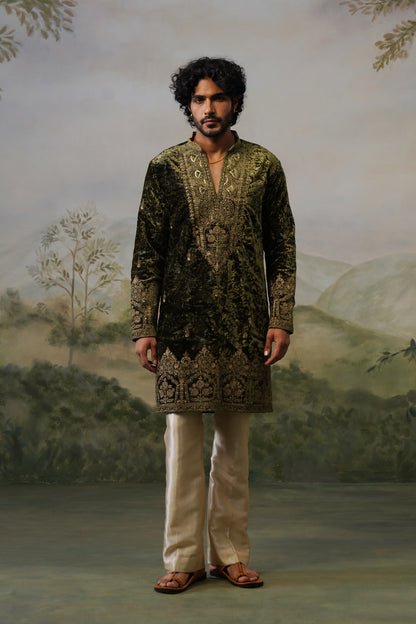 Sohan Olive Velvet Cord Threadwork Kurta Set