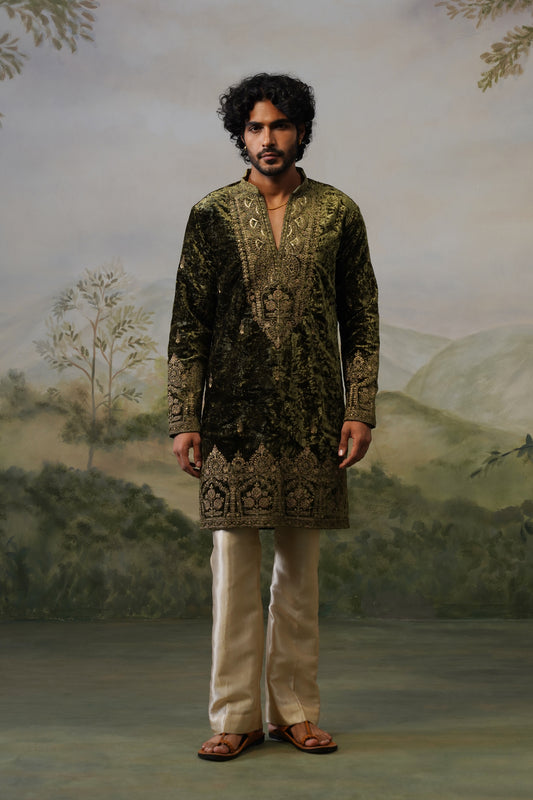 Sohan Olive Velvet Cord Threadwork Kurta Set