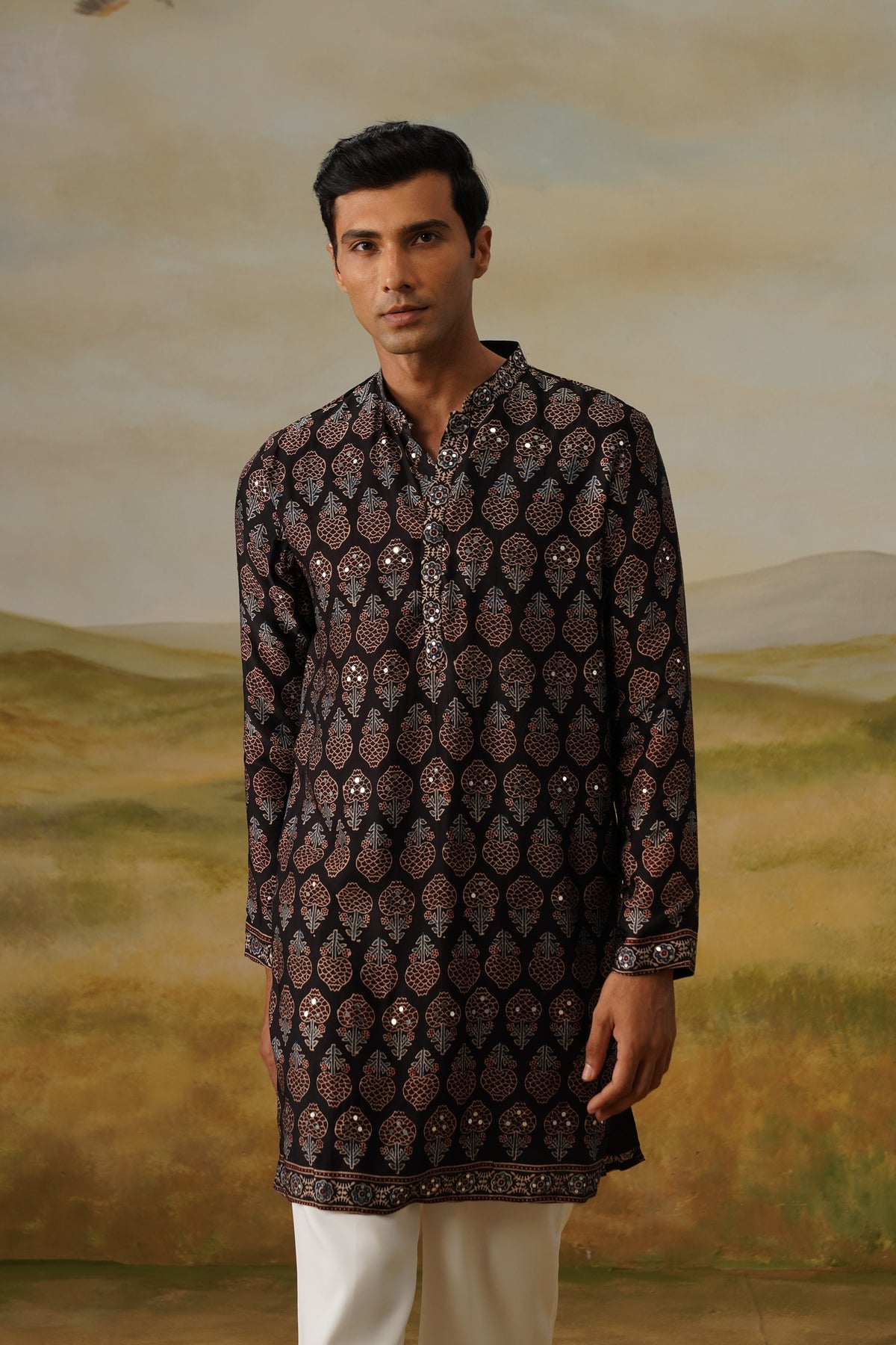 Mehfil Black Ajrakh Abla Mirror Kurta Set With Dupatta