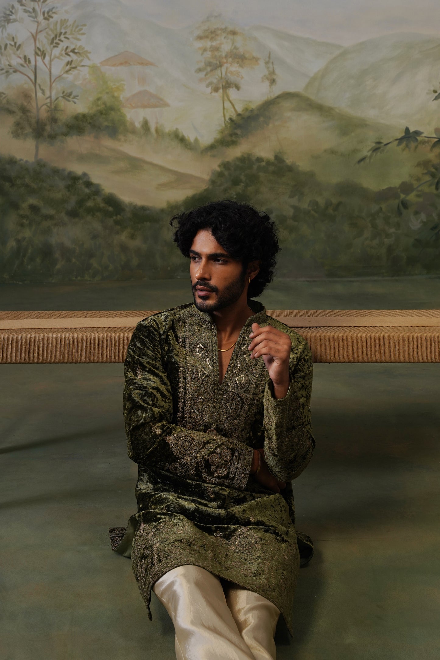 Sohan Olive Velvet Cord Threadwork Kurta Set