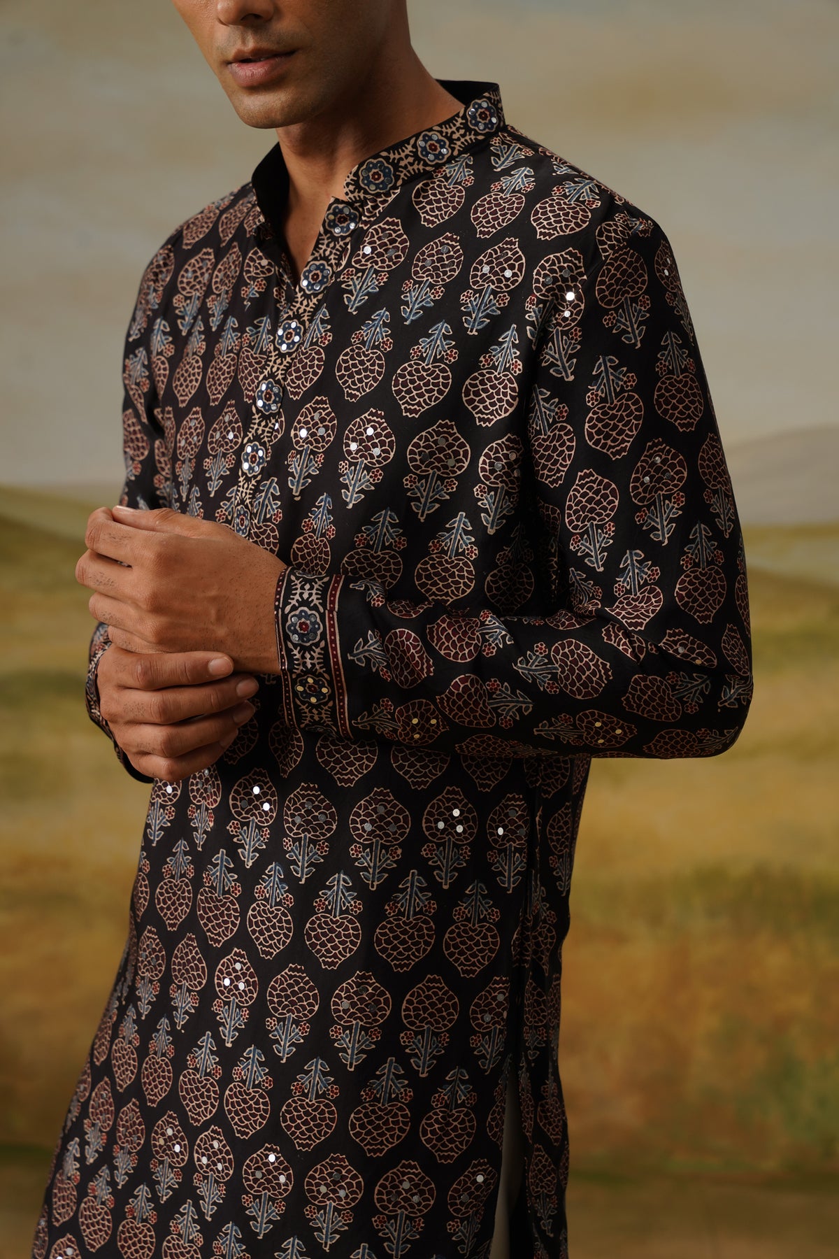 Mehfil Black Ajrakh Abla Mirror Kurta Set With Dupatta