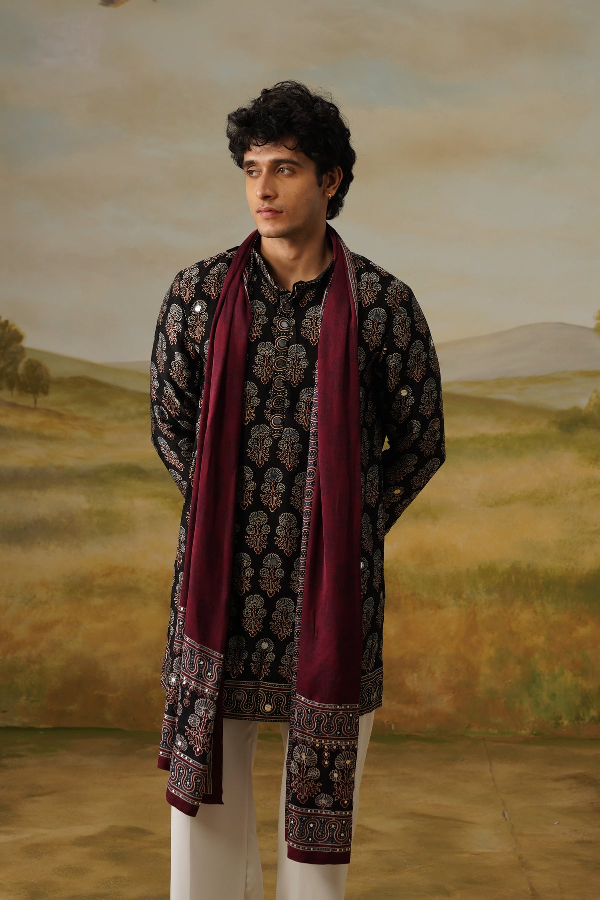 Sufi Black Ajrakh Abla Mirror Kurta Set With Dupatta