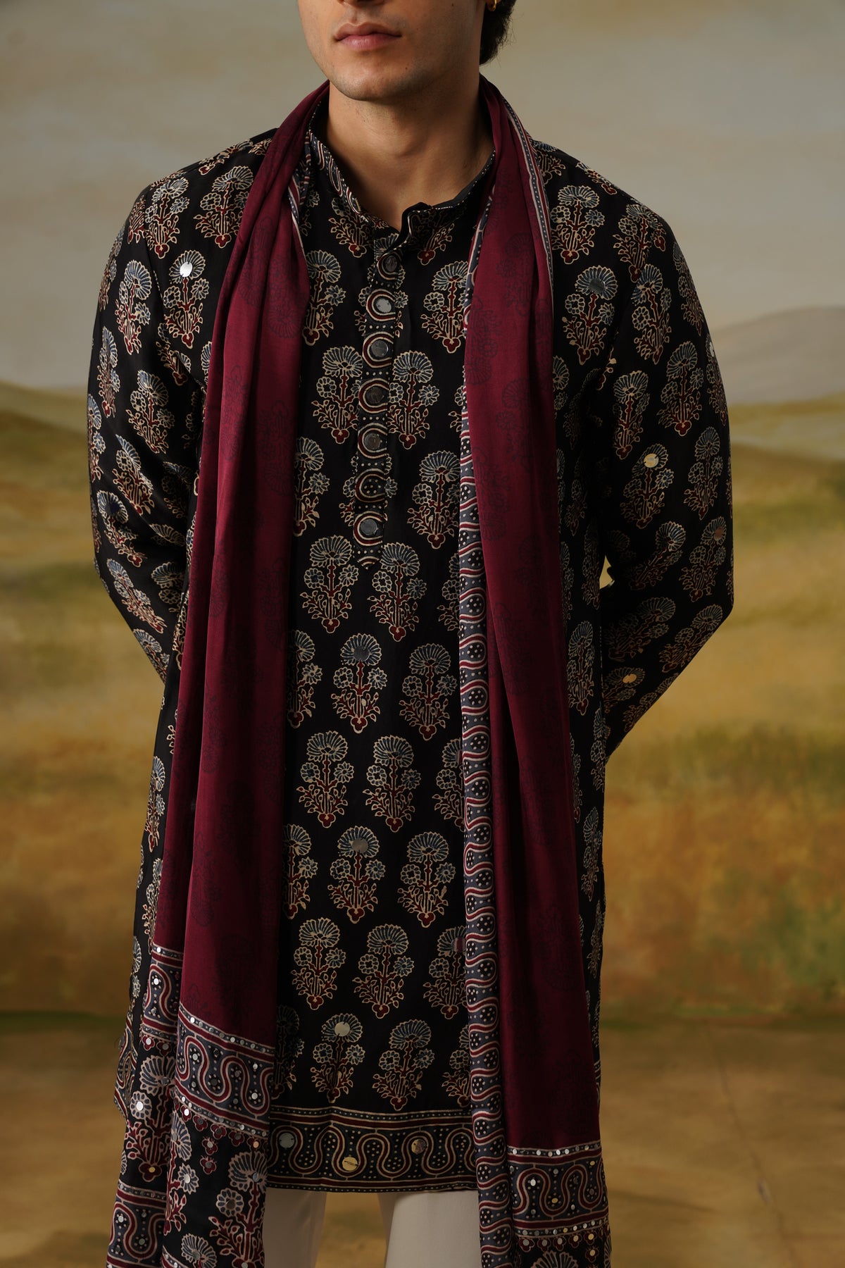 Sufi Black Ajrakh Abla Mirror Kurta Set With Dupatta