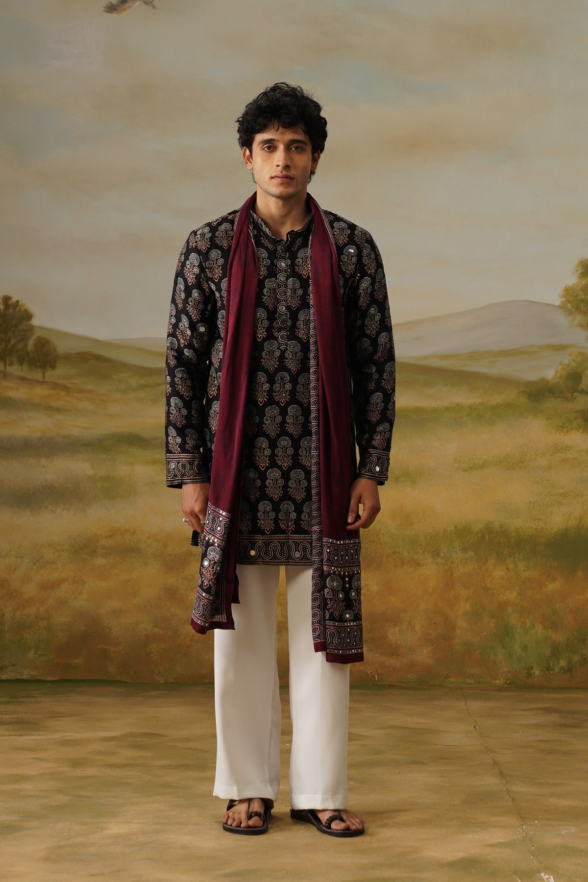 Sufi Black Ajrakh Abla Mirror Kurta Set With Dupatta