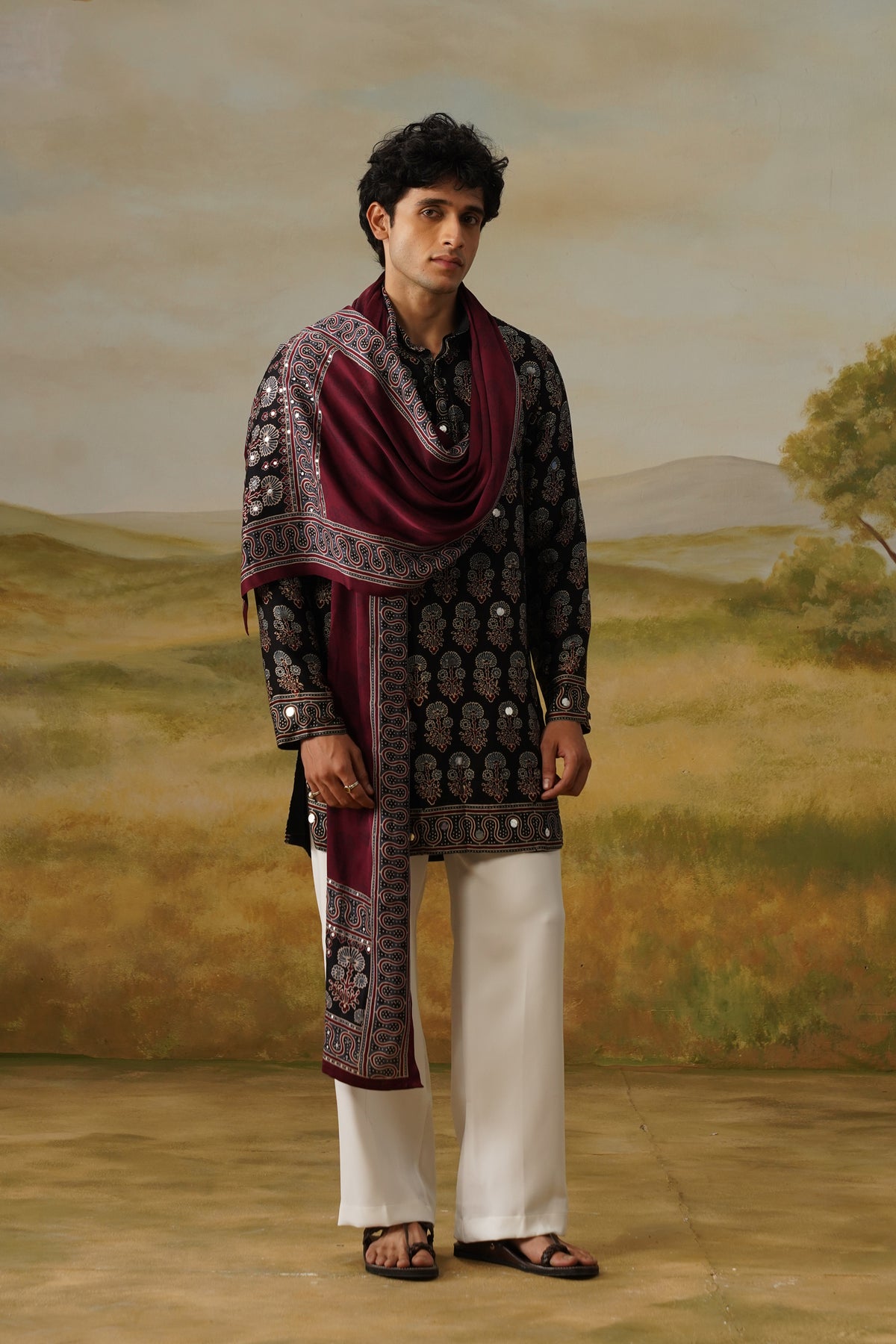 Sufi Black Ajrakh Abla Mirror Kurta Set With Dupatta
