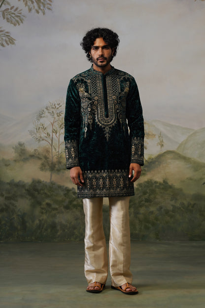 Mayur Bottle Green Velvet Cord Threadwork Kurta Set